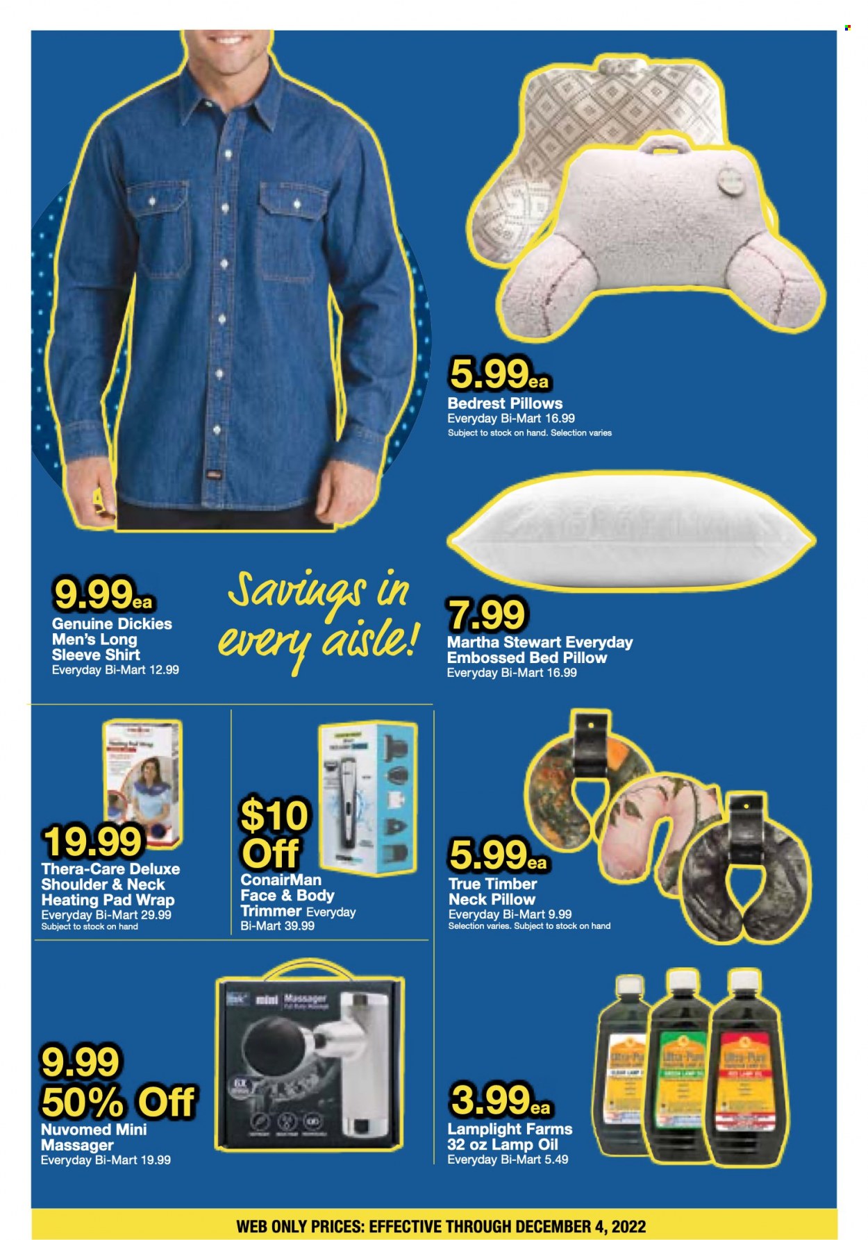 thumbnail - Bi-Mart Flyer - 11/28/2022 - 12/04/2022 - Sales products - bed, oil, trimmer, pillow, massager, heating pad, lamp, Dickies. Page 6.