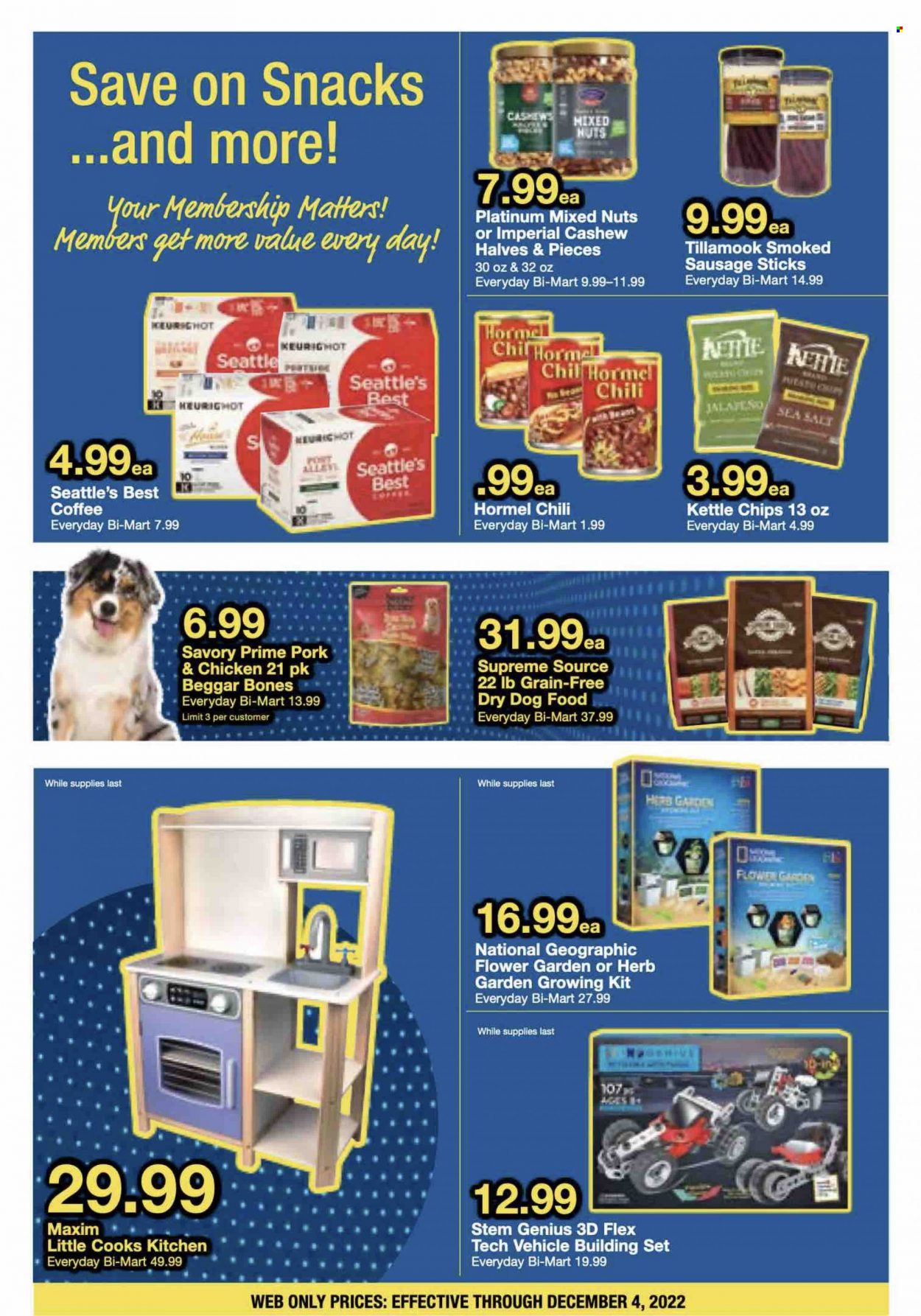 thumbnail - Bi-Mart Flyer - 11/28/2022 - 12/04/2022 - Sales products - Hormel, sausage, smoked sausage, snack, chips, kettle, cashews, mixed nuts, coffee, animal food, dry dog food, dog food, building set, vehicle. Page 8.