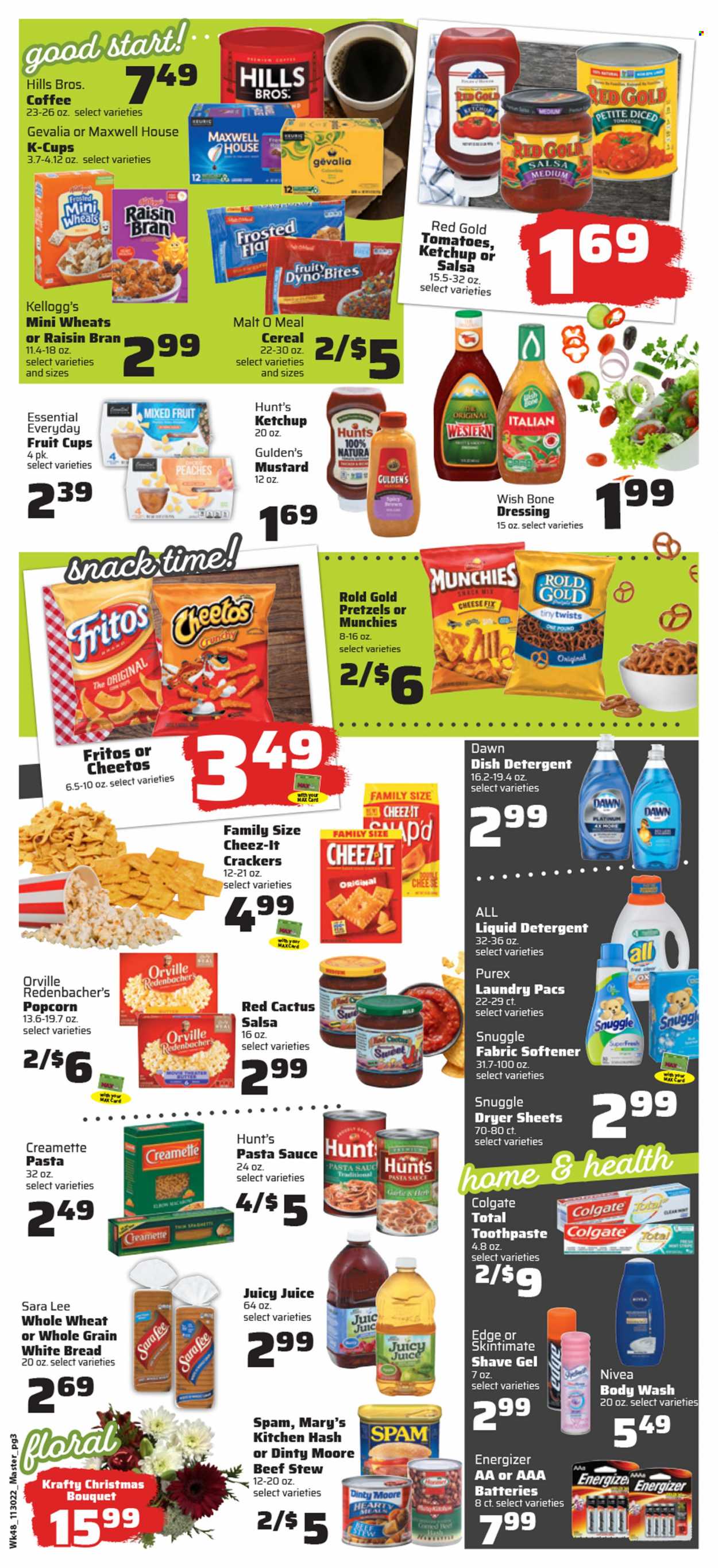 thumbnail - County Market Flyer - 11/30/2022 - 12/06/2022 - Sales products - bread, white bread, pretzels, Sara Lee, fruit cup, pasta sauce, sauce, Spam, snack, crackers, Kellogg's, fruit snack, Fritos, Cheetos, popcorn, Cheez-It, malt, cereals, Raisin Bran, Creamette, mustard, ketchup, dressing, salsa, juice, Maxwell House, coffee, coffee capsules, K-Cups, Gevalia. Page 3.