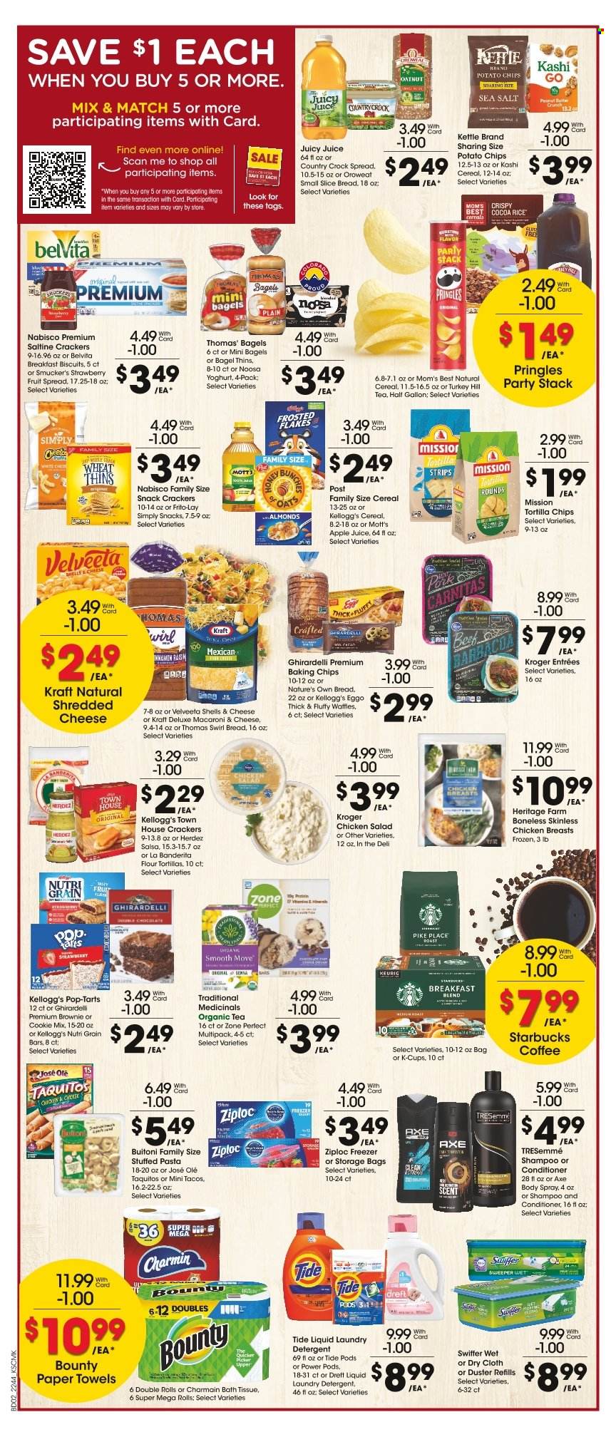 thumbnail - City Market Flyer - 11/30/2022 - 12/06/2022 - Sales products - bagels, tacos, flour tortillas, brownies, waffles, Mott's, macaroni & cheese, pasta, taquitos, Kraft®, Buitoni, chicken salad, shredded cheese, yoghurt, lard, chocolate, snack, Bounty, crackers, Kellogg's, biscuit, Pop-Tarts, Ghirardelli, tortilla chips, potato chips, Pringles, Thins, Frito-Lay, oats, baking chips, cereals, belVita, Mom's Best, cocoa rice, Zone Perfect, Nutri-Grain, salsa, fruit jam, almonds, apple juice, juice, tea, coffee, Starbucks, coffee capsules, K-Cups, Keurig, breakfast blend, chicken breasts, bath tissue, kitchen towels, paper towels, Charmin, detergent, Swiffer, Tide, laundry detergent, shampoo, conditioner, TRESemmé, body spray, Axe, Ziploc, storage bag, duster, Nature's Own. Page 2.