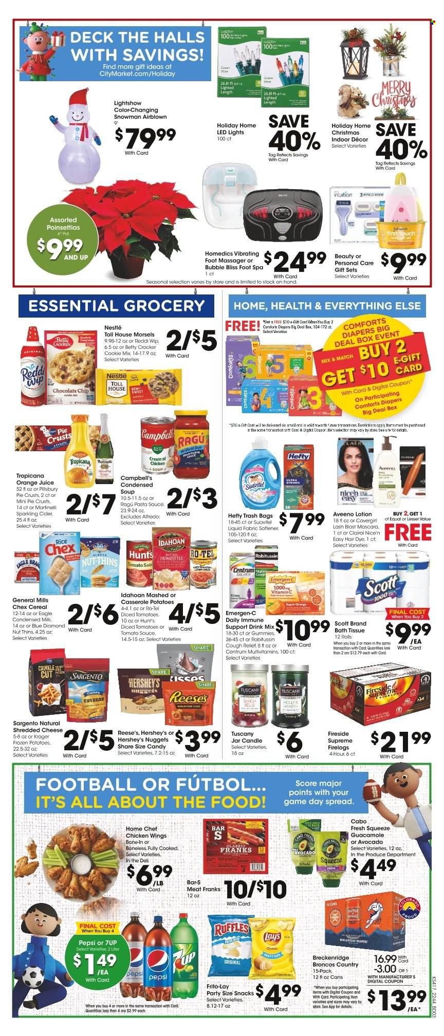thumbnail - City Market Flyer - 11/30/2022 - 12/06/2022 - Sales products - pie, tomatoes, Campbell's, pasta sauce, condensed soup, soup, nuggets, Pillsbury, instant soup, ragú pasta, guacamole, shredded cheese, Sargento, milk, condensed milk, Reese's, Hershey's, chicken wings, Nestlé, Halls, chocolate chips, snack, Lay’s, Thins, Frito-Lay, Ruffles, pie crust, tomato sauce, diced tomatoes, cereals, rice, ragu, Blue Diamond, Pepsi, orange juice, juice, 7UP, sparkling cider, sparkling wine, cider, nappies, Aveeno, bath tissue, Scott, fabric softener, Clairol, body lotion, Hefty, trash bags, mascara, pot, casserole, candle, LED light, poinsettia, multivitamin, Robitussin, Emergen-C, Centrum. Page 6.