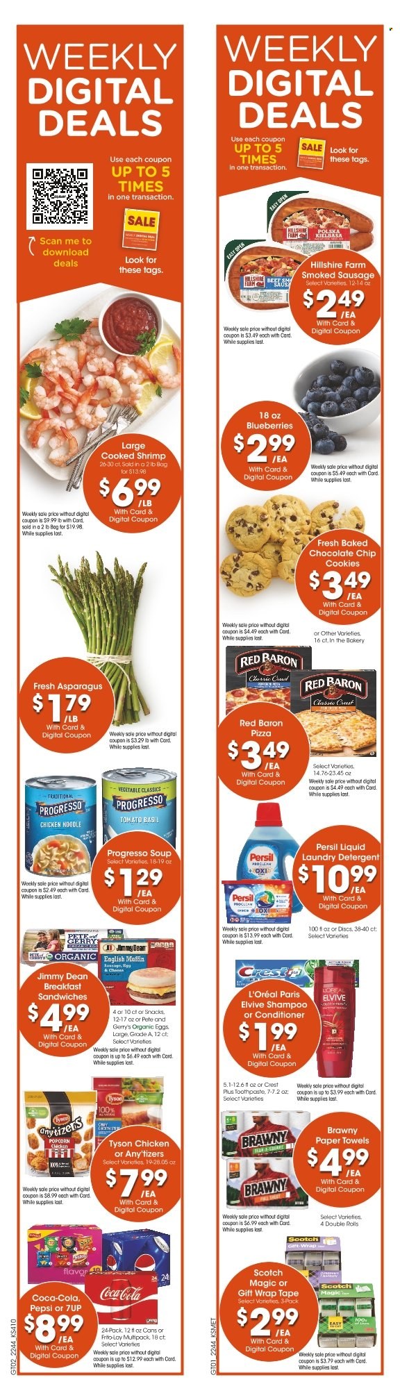 thumbnail - City Market Flyer - 11/30/2022 - 12/06/2022 - Sales products - asparagus, blueberries, shrimps, pizza, noodles, Progresso, Jimmy Dean, Hillshire Farm, sausage, smoked sausage, kielbasa, eggs, Red Baron, cookies, popcorn, Frito-Lay, pepper, Coca-Cola, Pepsi, 7UP, kitchen towels, paper towels, detergent, Persil, laundry detergent, shampoo, toothpaste, Crest, L’Oréal, conditioner, gift wrap. Page 11.