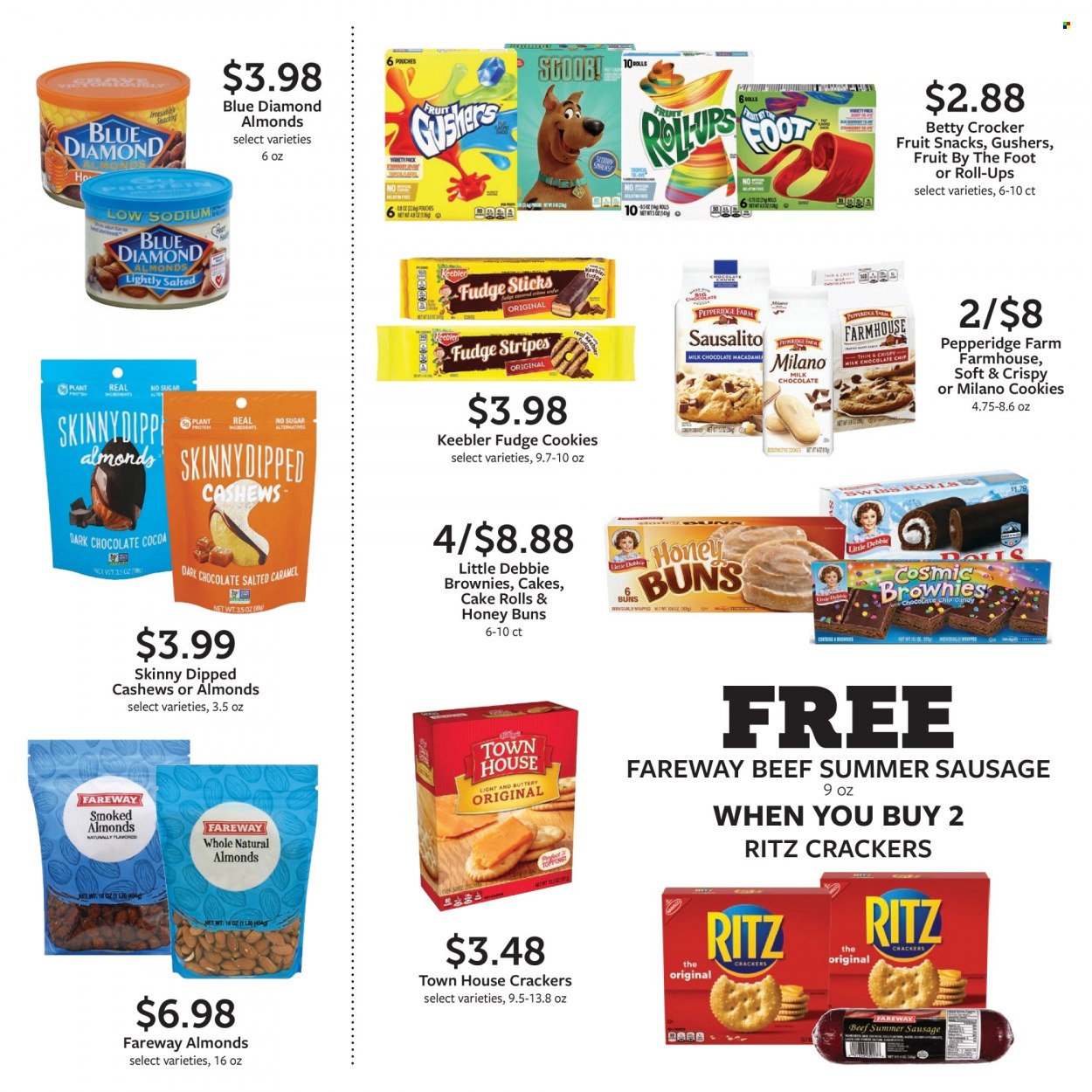thumbnail - Fareway Flyer - 11/28/2022 - 12/31/2022 - Sales products - cake, buns, sausage, summer sausage, cookies, fudge, milk chocolate, wafers, crackers, dark chocolate, fruit snack, Keebler, RITZ, cocoa, plant protein, honey, cashews, Blue Diamond. Page 9.