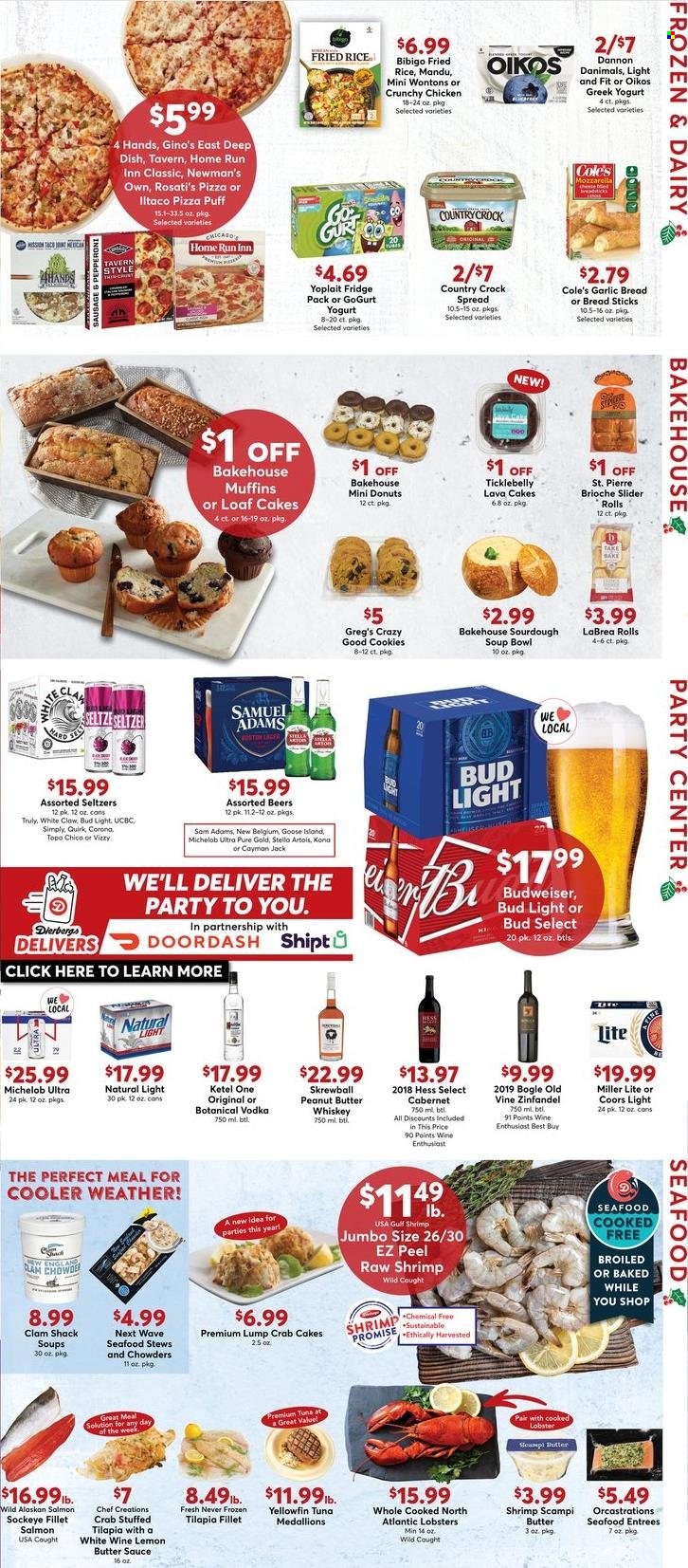 thumbnail - Dierbergs Flyer - 11/29/2022 - 12/05/2022 - Sales products - brioche, donut, muffin, lobster, salmon, tilapia, tuna, seafood, shrimps, crab cake, pizza, sauce, greek yoghurt, yoghurt, Oikos, Yoplait, Dannon, Danimals, cookies, bread sticks, clam chowder, peanut butter, seltzer water, Cabernet Sauvignon, white wine, vodka, whiskey, White Claw, TRULY, whisky, beer, Bud Light, Corona Extra, Budweiser, Miller Lite, Stella Artois, Coors, Michelob. Page 3.