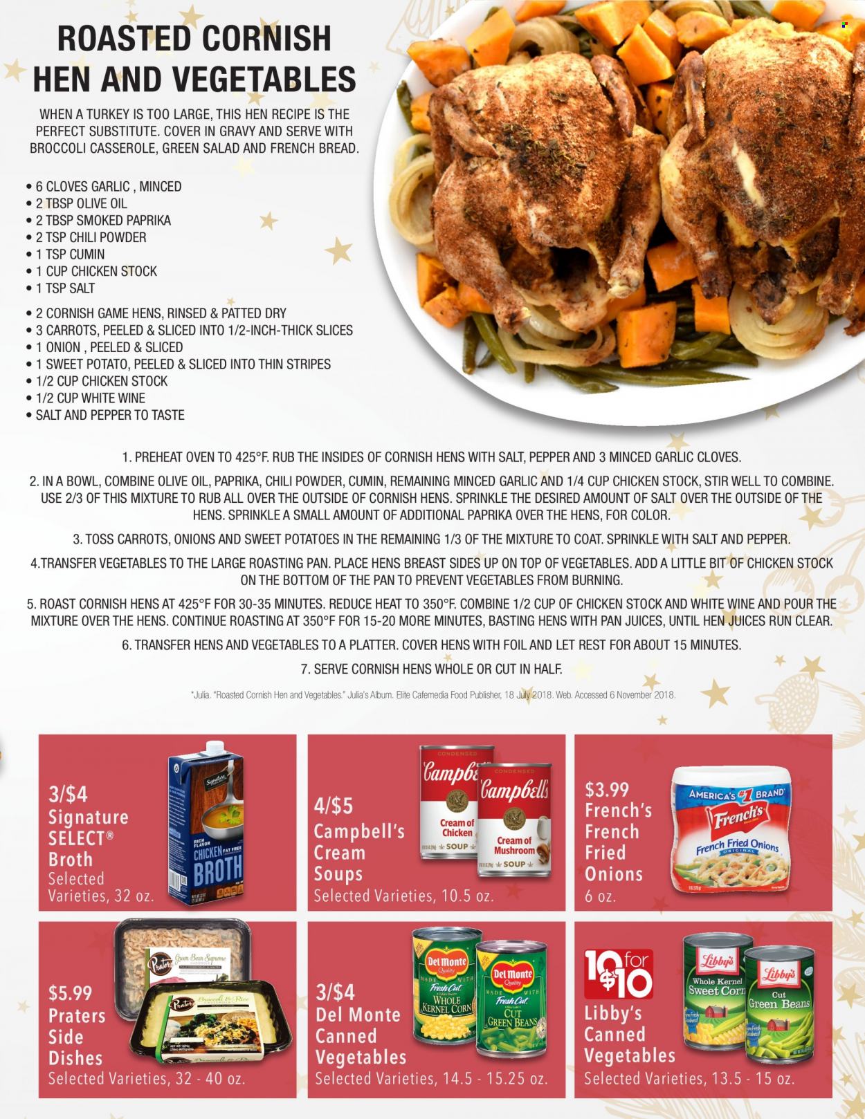 thumbnail - Market Street Flyer - 11/30/2022 - 12/24/2022 - Sales products - bread, french bread, broccoli, sweet potato, potatoes, Campbell's, broth, canned vegetables, Del Monte, pepper, cloves, cumin, oil, juice, cornish hen, pan, casserole. Page 3.