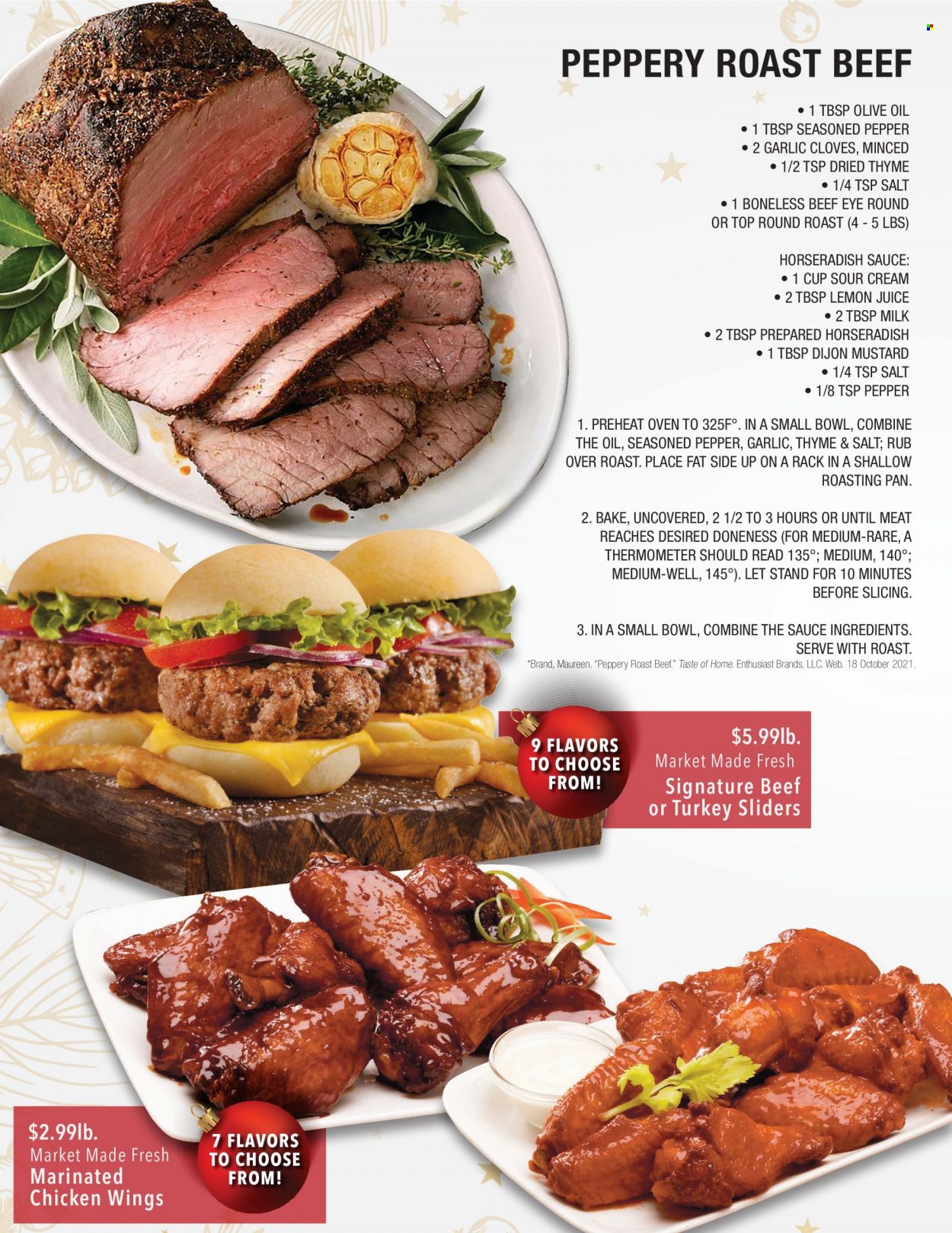 thumbnail - Market Street Flyer - 11/30/2022 - 12/24/2022 - Sales products - garlic, horseradish, milk, sour cream, chicken wings, pepper, cloves, mustard, oil, lemon juice, marinated chicken, beef meat, eye of round, round roast, roast beef, thermometer, pan. Page 4.