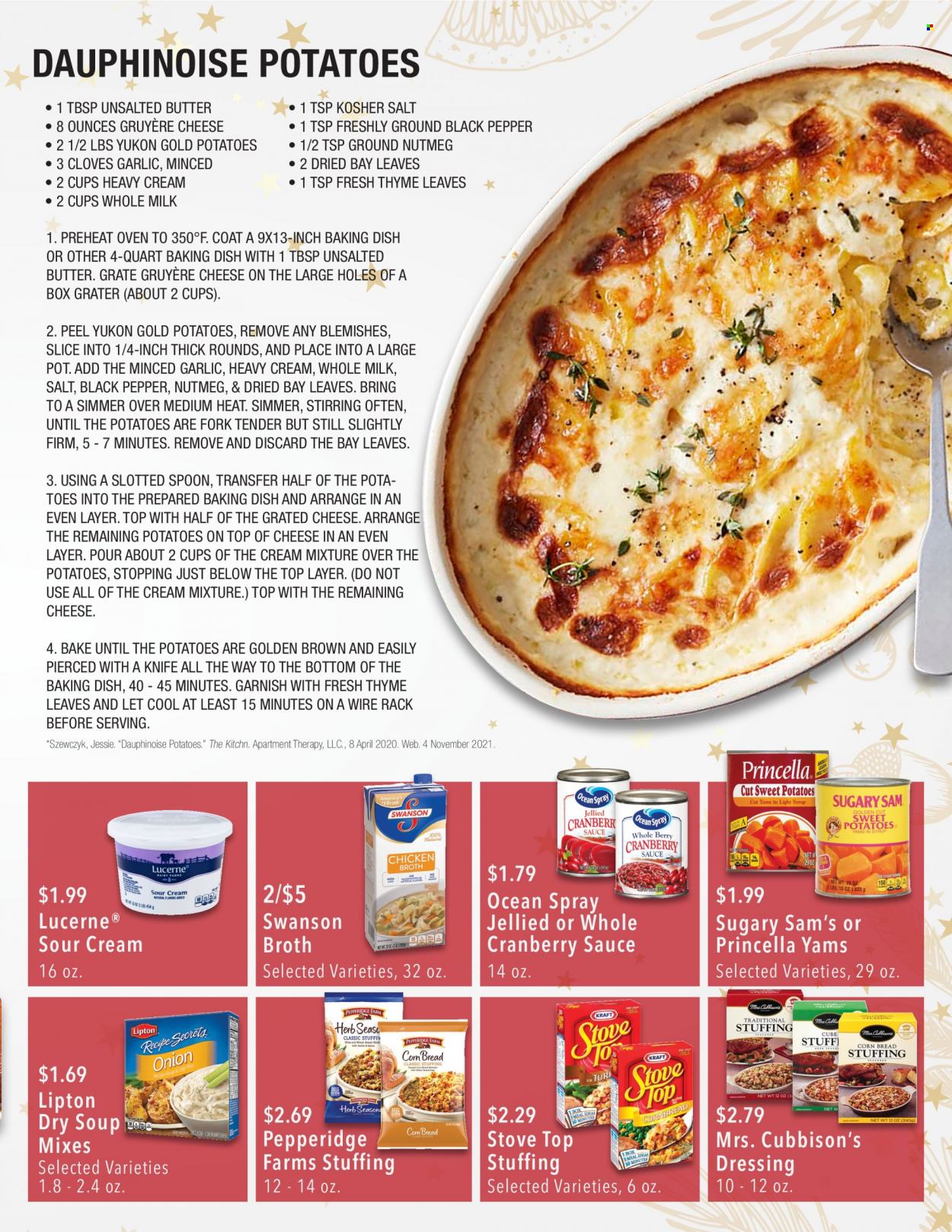 thumbnail - Market Street Flyer - 11/30/2022 - 12/24/2022 - Sales products - potatoes, soup, sauce, Gruyere, grated cheese, milk, sour cream, broth, nutmeg, cloves, dressing, cranberry sauce, Lipton, fork, knife, spoon, pot, handy grater. Page 5.