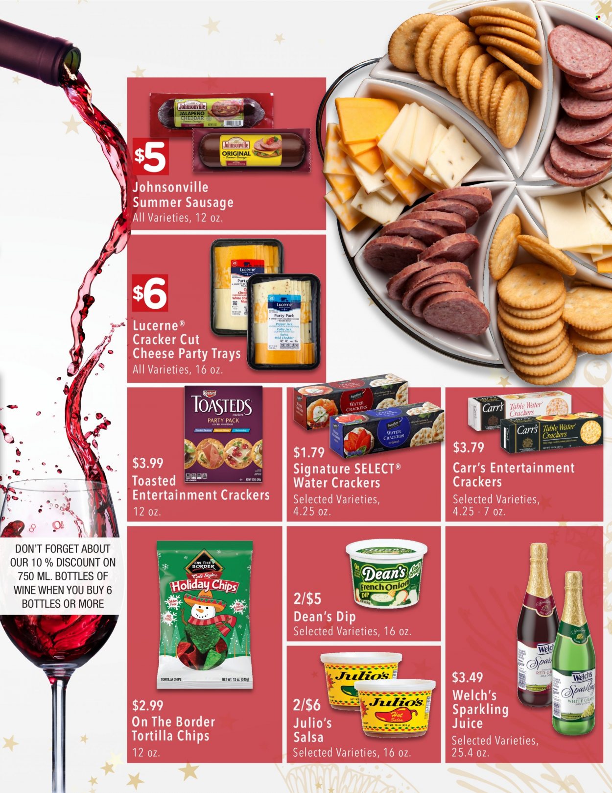 thumbnail - Market Street Flyer - 11/30/2022 - 12/24/2022 - Sales products - jalapeño, Welch's, Johnsonville, sausage, summer sausage, Colby cheese, mild cheddar, Monterey Jack cheese, sliced cheese, Pepper Jack cheese, cheese, dip, crackers, Keebler, tortilla chips, chips, salsa, juice, sparkling juice, wine. Page 7.