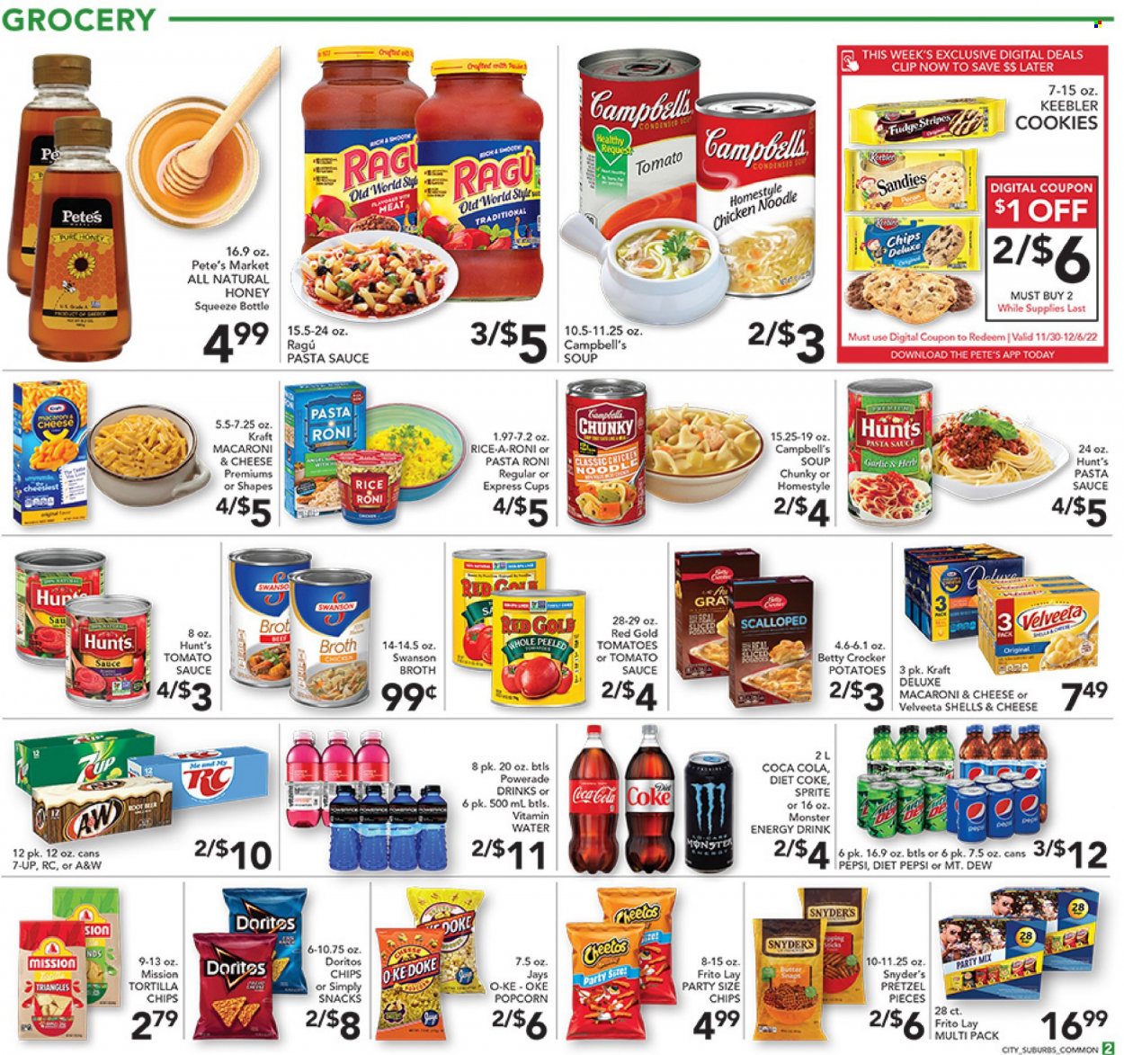 thumbnail - Pete's Fresh Market Flyer - 11/30/2022 - 12/06/2022 - Sales products - pretzels, tomatoes, potatoes, Campbell's, macaroni & cheese, pasta sauce, soup, sauce, noodles, Kraft®, ragú pasta, cookies, fudge, snack, Keebler, Doritos, tortilla chips, Cheetos, chips, popcorn, broth, tomato sauce, rice, ragu, honey, Coca-Cola, Sprite, Powerade, Pepsi, energy drink, Monster, Diet Pepsi, Diet Coke, 7UP, Monster Energy, A&W, vitamin water. Page 2.