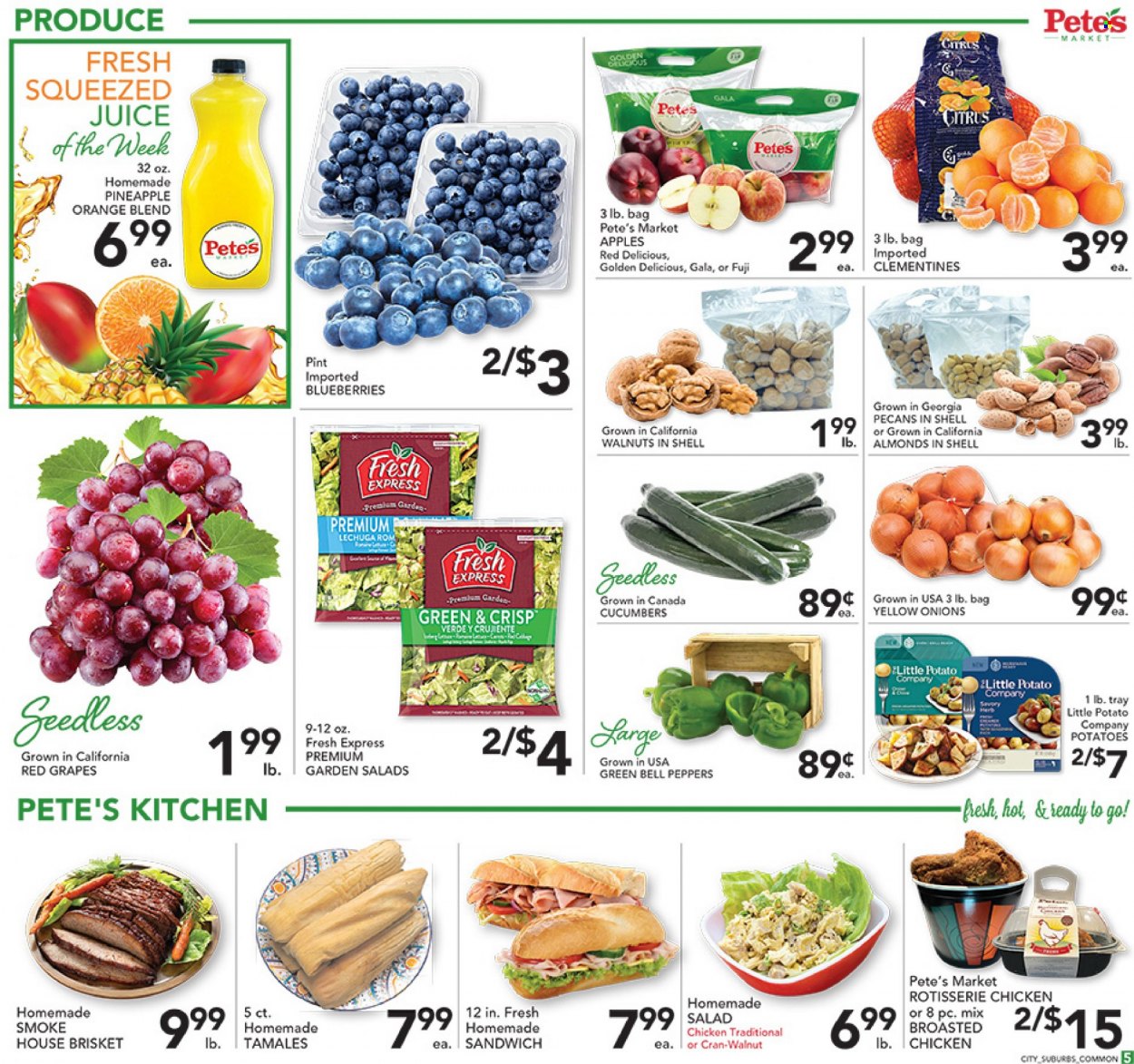 thumbnail - Pete's Fresh Market Flyer - 11/30/2022 - 12/06/2022 - Sales products - bell peppers, cucumber, potatoes, onion, salad, peppers, apples, blueberries, Gala, grapes, Red Delicious apples, pineapple, oranges, Golden Delicious, chicken roast, sandwich, herbs, almonds, walnuts, pecans, juice, clementines. Page 7.