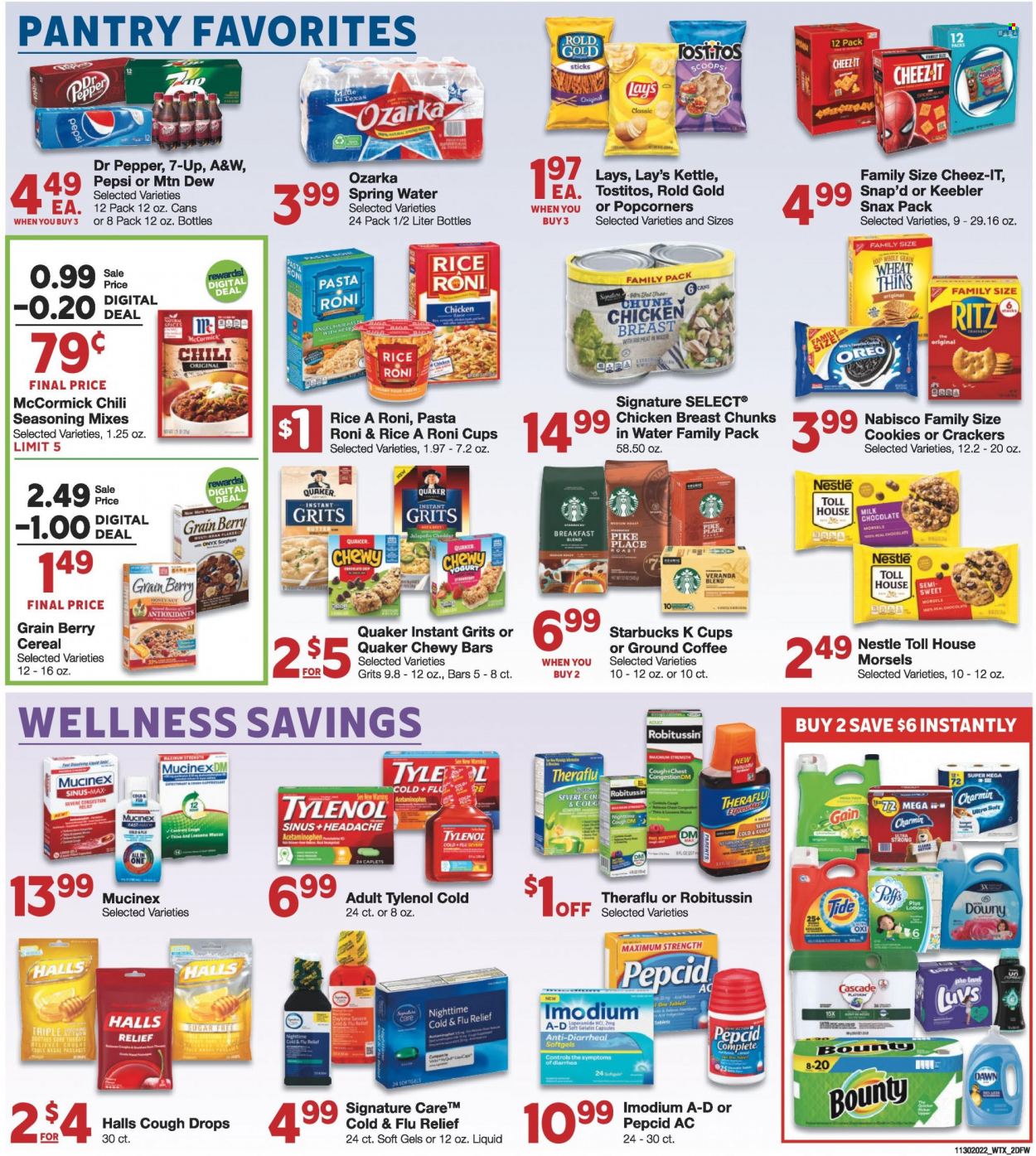 thumbnail - Market Street Flyer - 11/30/2022 - 12/06/2022 - Sales products - jalapeño, pasta, Quaker, cheese, Oreo, yoghurt, milk, butter, cookies, Nestlé, Halls, Bounty, crackers, Keebler, RITZ, Lay’s, Thins, popcorn, Cheez-It, Tostitos, grits, cereals, spice, Mountain Dew, Pepsi, Dr. Pepper, 7UP, A&W, spring water, coffee, Starbucks, ground coffee, coffee capsules, K-Cups, breakfast blend, chicken breasts, Charmin, Gain, Cascade, Tide, body lotion, cup, Cold & Flu, Mucinex, Robitussin, Theraflu, Tylenol, Imodium, Pepcid, gelatin, cough drops. Page 2.