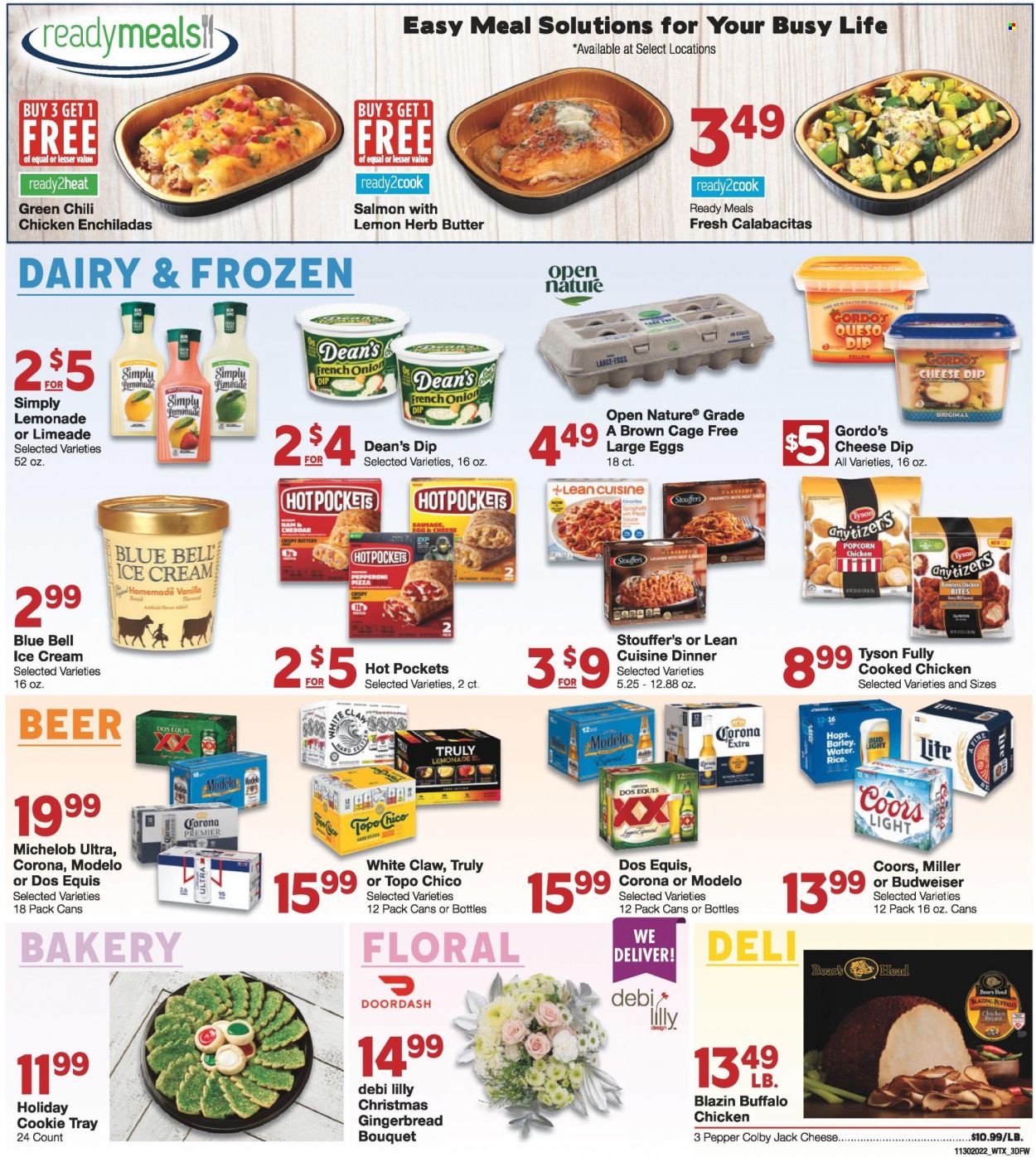 thumbnail - Market Street Flyer - 11/30/2022 - 12/06/2022 - Sales products - gingerbread, salmon, enchiladas, spaghetti, hot pocket, pizza, chicken enchiladas, sauce, lasagna meal, Lean Cuisine, ham, sausage, pepperoni, Colby cheese, cage free eggs, large eggs, butter, dip, ice cream, Blue Bell, chicken bites, Stouffer's, popcorn, pepper, lemonade, seltzer water, White Claw, TRULY, beer, Bud Light, Corona Extra, Miller, Lager, Modelo, chicken breasts, bouquet, Budweiser, Coors, Dos Equis, Michelob. Page 3.