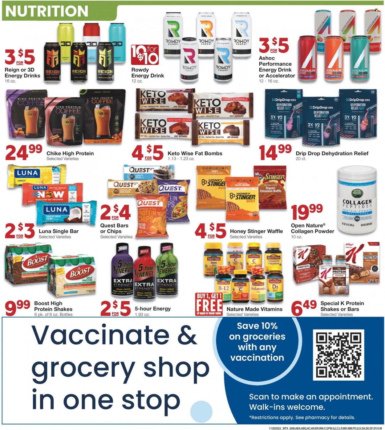 thumbnail - Market Street Flyer - 11/30/2022 - 12/06/2022 - Sales products - tortillas, coconut, cheese, protein drink, shake, cookie dough, cookies, peanut butter cups, chips, cinnamon, honey, peanut butter, energy drink, Boost, coffee, cup, Melatonin, Nature Made, whey protein, vitamin D3. Page 6.