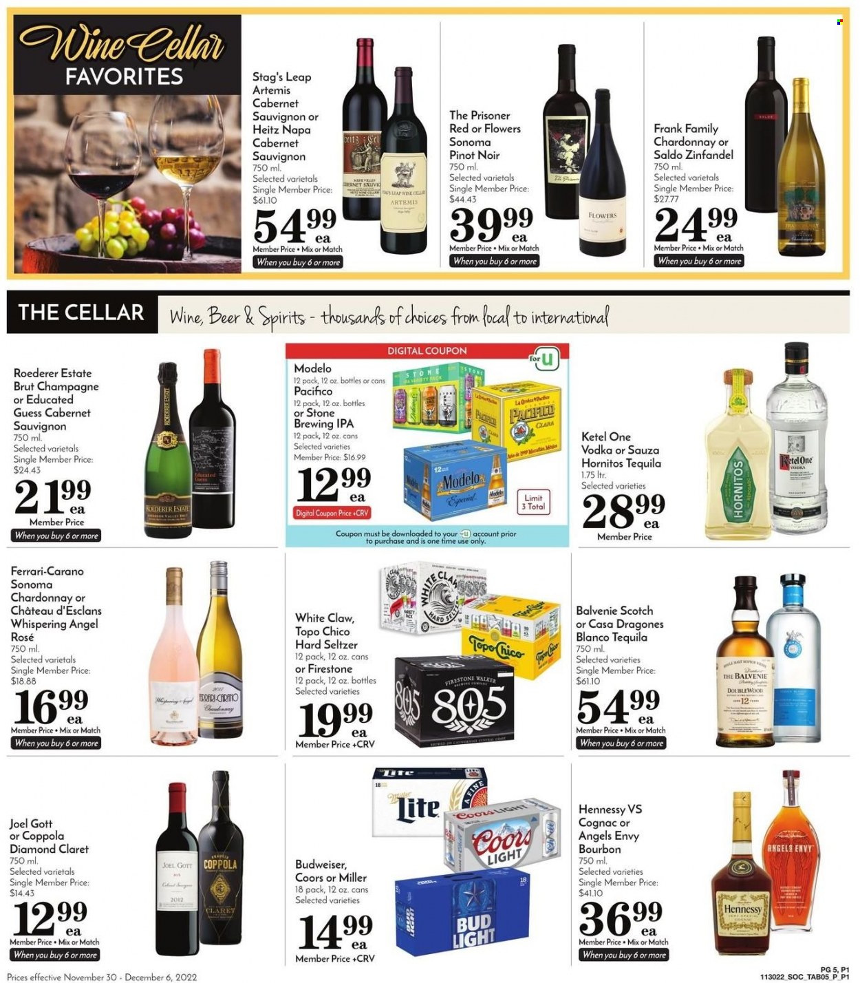 thumbnail - Pavilions Flyer - 11/30/2022 - 12/06/2022 - Sales products - malt, Cabernet Sauvignon, red wine, white wine, Chardonnay, Pinot Noir, rosé wine, bourbon, cognac, tequila, vodka, Hennessy, White Claw, Hard Seltzer, beer, Bud Light, Miller, IPA, Modelo, Firestone Walker, Budweiser, Coors. Page 5.