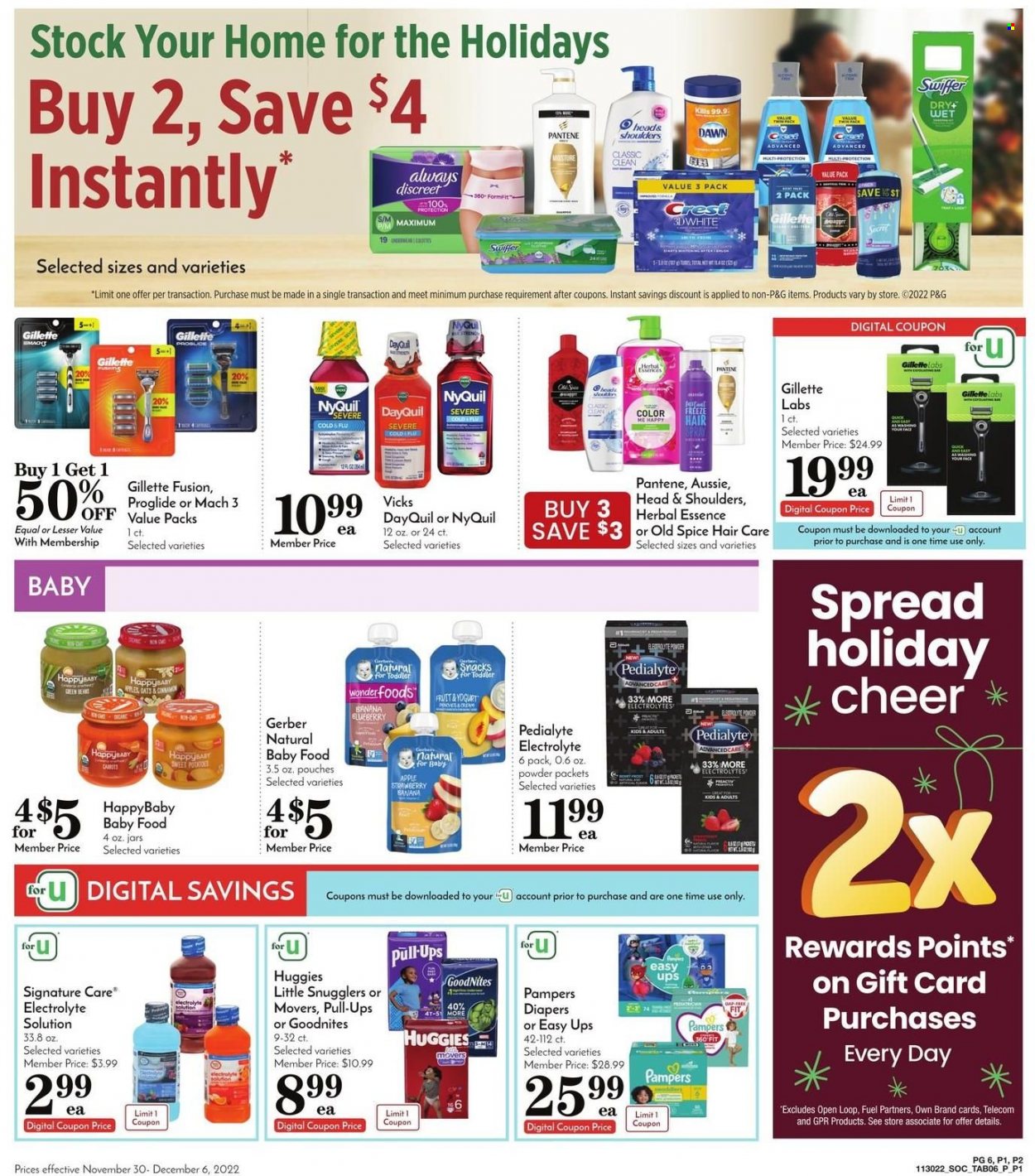 thumbnail - Pavilions Flyer - 11/30/2022 - 12/06/2022 - Sales products - beans, carrots, green beans, potatoes, apples, yoghurt, snack, Gerber, spice, cinnamon, Huggies, Pampers, nappies, Swiffer, Old Spice, Crest, Always Discreet, Aussie, Head & Shoulders, Pantene, Gillette, Vicks, DayQuil, Cold & Flu, NyQuil, peaches. Page 6.