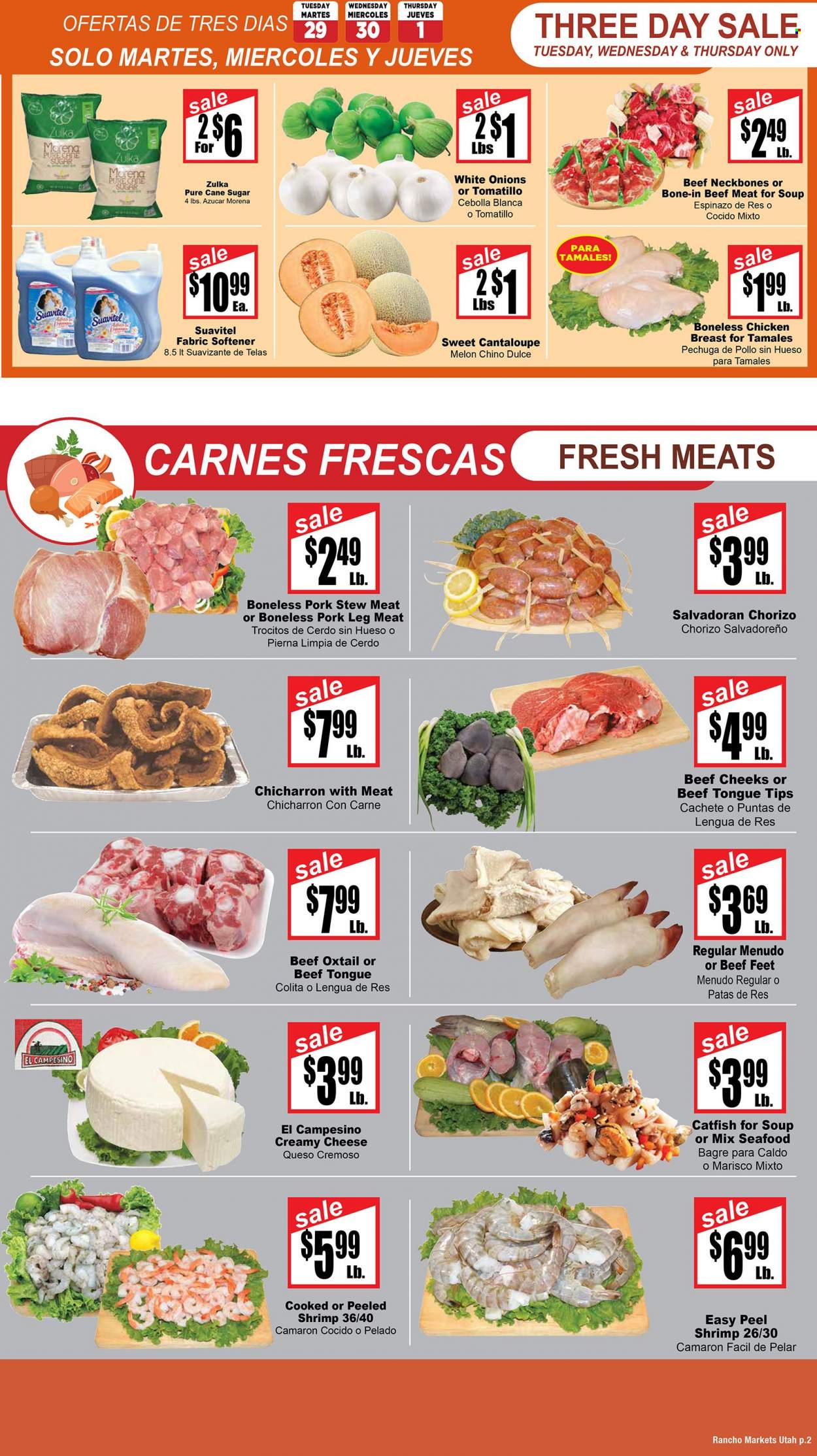 thumbnail - Rancho Markets Flyer - 11/29/2022 - 12/05/2022 - Sales products - stew meat, cantaloupe, tomatillo, catfish, seafood, soup, chorizo, cheese, cane sugar, sugar, chicken breasts, beef meat, oxtail, pork meat, pork leg, fabric softener, melons. Page 2.