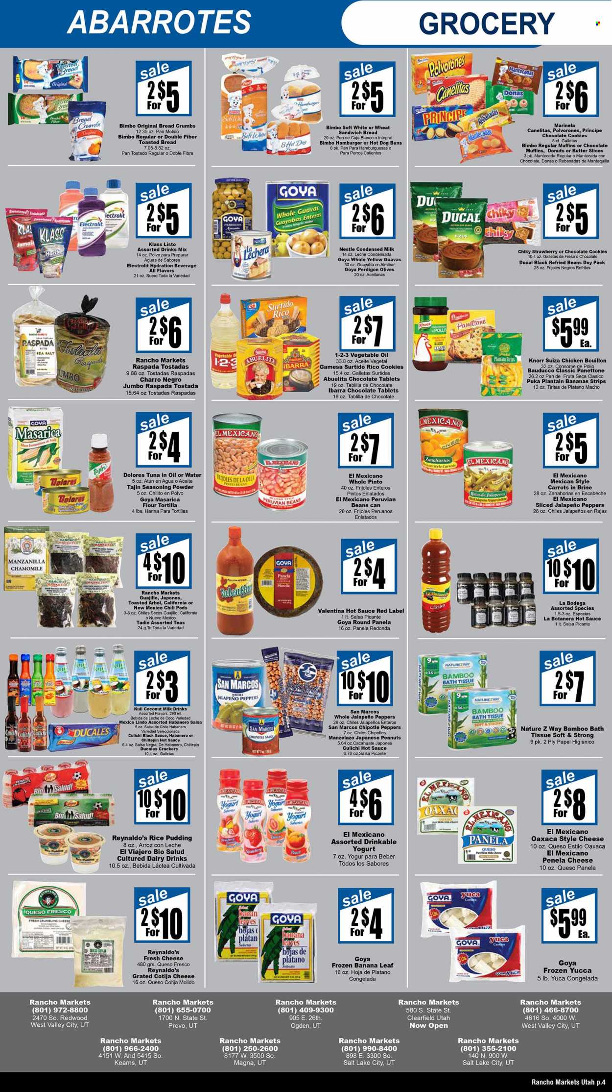 thumbnail - Rancho Markets Flyer - 11/29/2022 - 12/05/2022 - Sales products - tortillas, buns, tostadas, panettone, donut, muffin, breadcrumbs, beans, carrots, jalapeño, bananas, tuna, Knorr, queso fresco, cheese, yoghurt, rice pudding, condensed milk, butter, strips, cookies, Nestlé, chocolate, chocolate cookies, crackers, bouillon, coconut milk, refried beans, olives, Goya, spice, hot sauce, salsa, vegetable oil, peanuts, bath tissue, pan. Page 4.