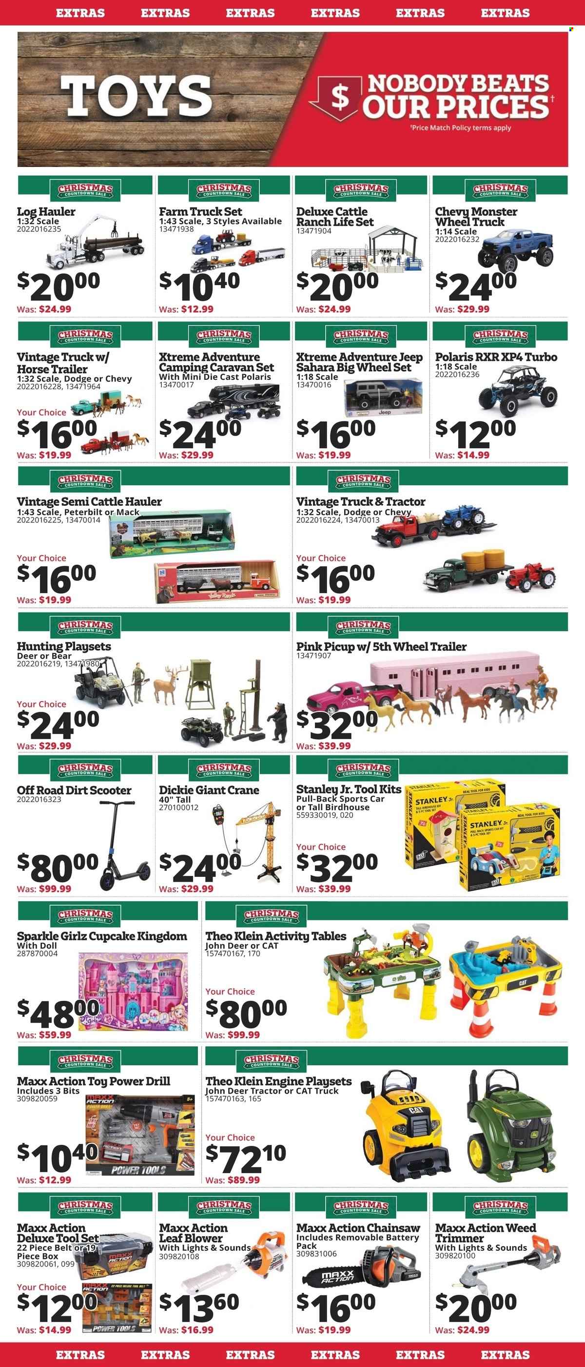 thumbnail - Rural King Flyer - 11/28/2022 - 12/14/2022 - Sales products - Monster, scale, birdhouse, belt, trimmer, play set, toys, trailer, Sparkle Girlz, tractor, leaf blower, Stanley, drill, power tools, chain saw, tool set, blower, table, caravan, Polaris. Page 5.