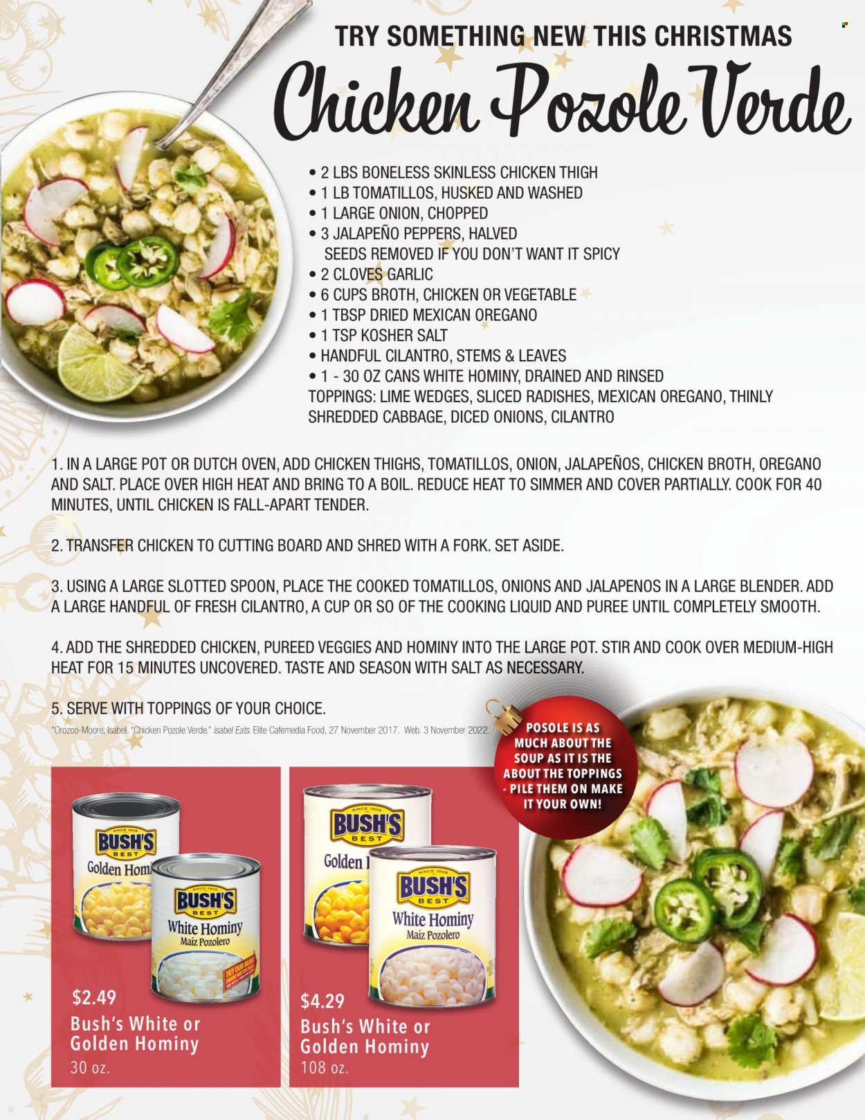thumbnail - United Supermarkets Flyer - 11/30/2022 - 12/24/2022 - Sales products - garlic, radishes, tomatillo, jalapeño, chicken thighs, soup, chicken broth, broth, cilantro, cloves, cutting board, fork, spoon, pot, cast iron dutch oven. Page 8.