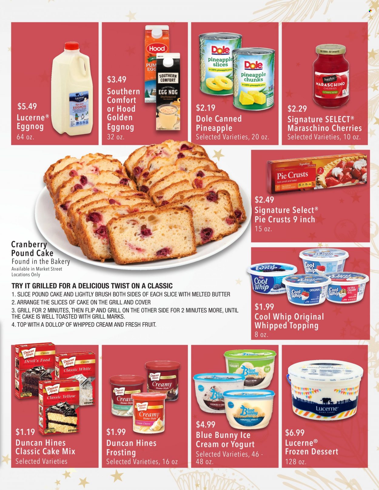 thumbnail - United Supermarkets Flyer - 11/30/2022 - 12/24/2022 - Sales products - pie, pound cake, cake mix, Dole, pineapple, yoghurt, Cool Whip, whipped cream, ice cream, Blue Bunny, frosting, pie crust, topping, Maraschino cherries, eggnog, brush. Page 9.