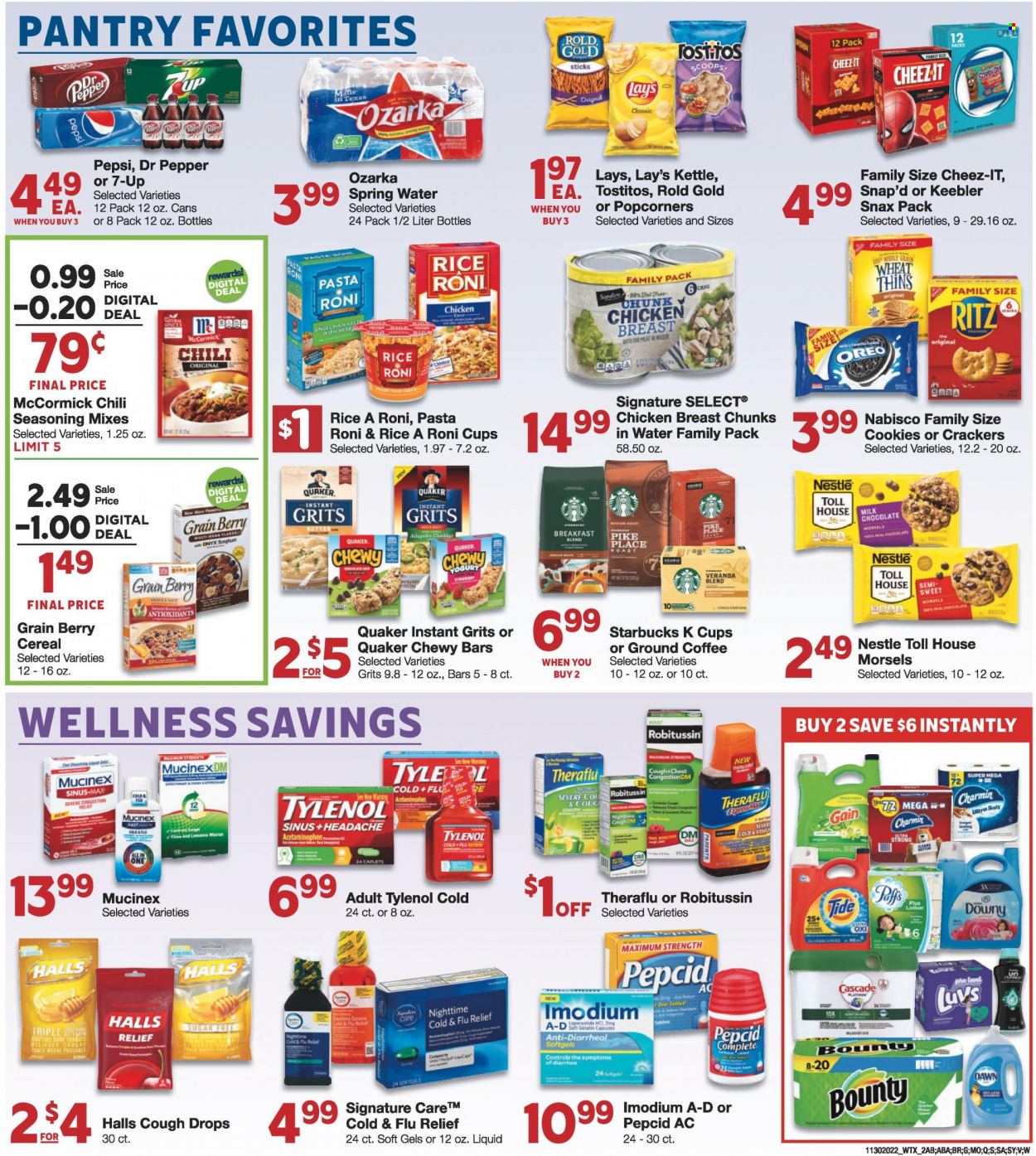 thumbnail - United Supermarkets Flyer - 11/30/2022 - 12/06/2022 - Sales products - jalapeño, chicken breasts, pasta, Quaker, cheese, Oreo, yoghurt, milk, butter, cookies, Nestlé, Halls, Bounty, crackers, Keebler, RITZ, Lay’s, Thins, popcorn, Cheez-It, Tostitos, grits, cereals, spice, Pepsi, Dr. Pepper, 7UP, spring water, coffee, Starbucks, ground coffee, coffee capsules, K-Cups, breakfast blend, Charmin, Gain, Cascade, Tide, body lotion, cup, Cold & Flu, Mucinex, Robitussin, Theraflu, Tylenol, Imodium, Pepcid, gelatin, cough drops. Page 2.