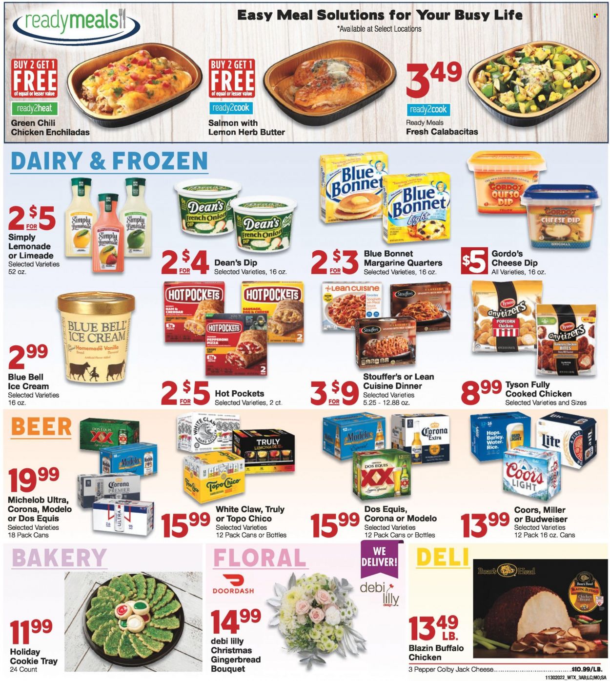 thumbnail - United Supermarkets Flyer - 11/30/2022 - 12/06/2022 - Sales products - gingerbread, chicken breasts, salmon, enchiladas, spaghetti, hot pocket, pizza, chicken enchiladas, lasagna meal, Lean Cuisine, ham, sausage, pepperoni, Colby cheese, eggs, butter, margarine, dip, ice cream, Blue Bell, chicken bites, Stouffer's, popcorn, pepper, lemonade, seltzer water, White Claw, TRULY, beer, Bud Light, Corona Extra, Miller, Lager, Modelo, Budweiser, Coors, Dos Equis, Michelob. Page 3.