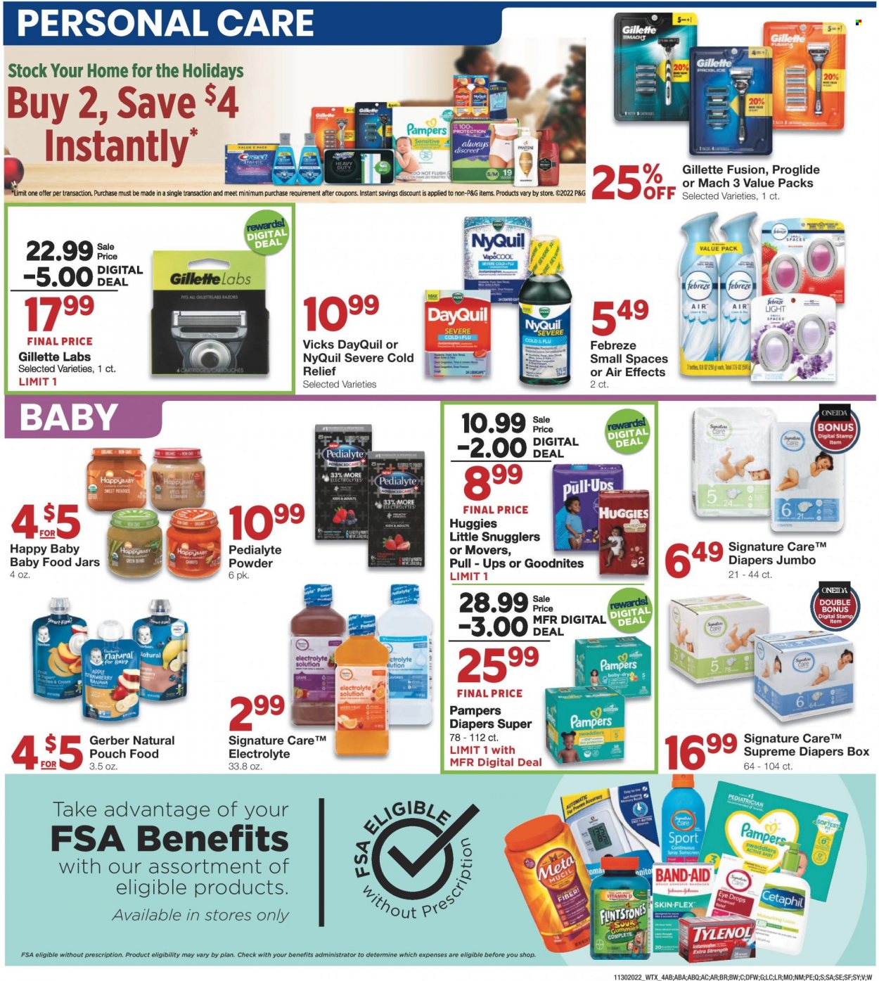 thumbnail - United Supermarkets Flyer - 11/30/2022 - 12/06/2022 - Sales products - beans, green beans, potatoes, yoghurt, Gerber, malt, Huggies, Pampers, nappies, Johnson's, Febreze, Crest, Always Discreet, Pantene, Gillette, Vicks, jar, DayQuil, Cold & Flu, Tylenol, NyQuil, eye drops, Metamucil. Page 4.