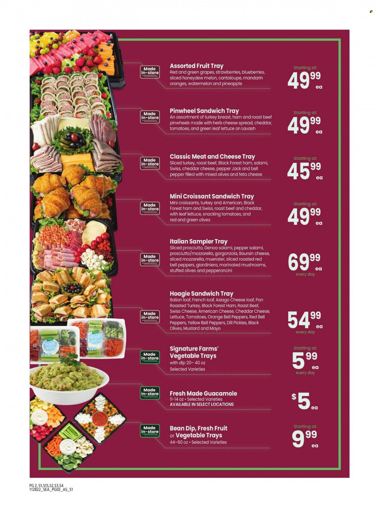 thumbnail - Albertsons Flyer - 11/28/2022 - 01/01/2023 - Sales products - mushrooms, croissant, french loaf, blueberries, grapes, mandarines, strawberries, watermelon, honeydew, pineapple, oranges, sandwich, croissant sandwich, salami, sliced turkey, ham, prosciutto, cheese spread, guacamole, american cheese, asiago, mozzarella, swiss cheese, cheddar, Pepper Jack cheese, gorgonzola, Münster cheese, feta, mayonnaise, dip, olives, dill, mustard, turkey breast, beef meat, roast beef, pan, melons. Page 2.