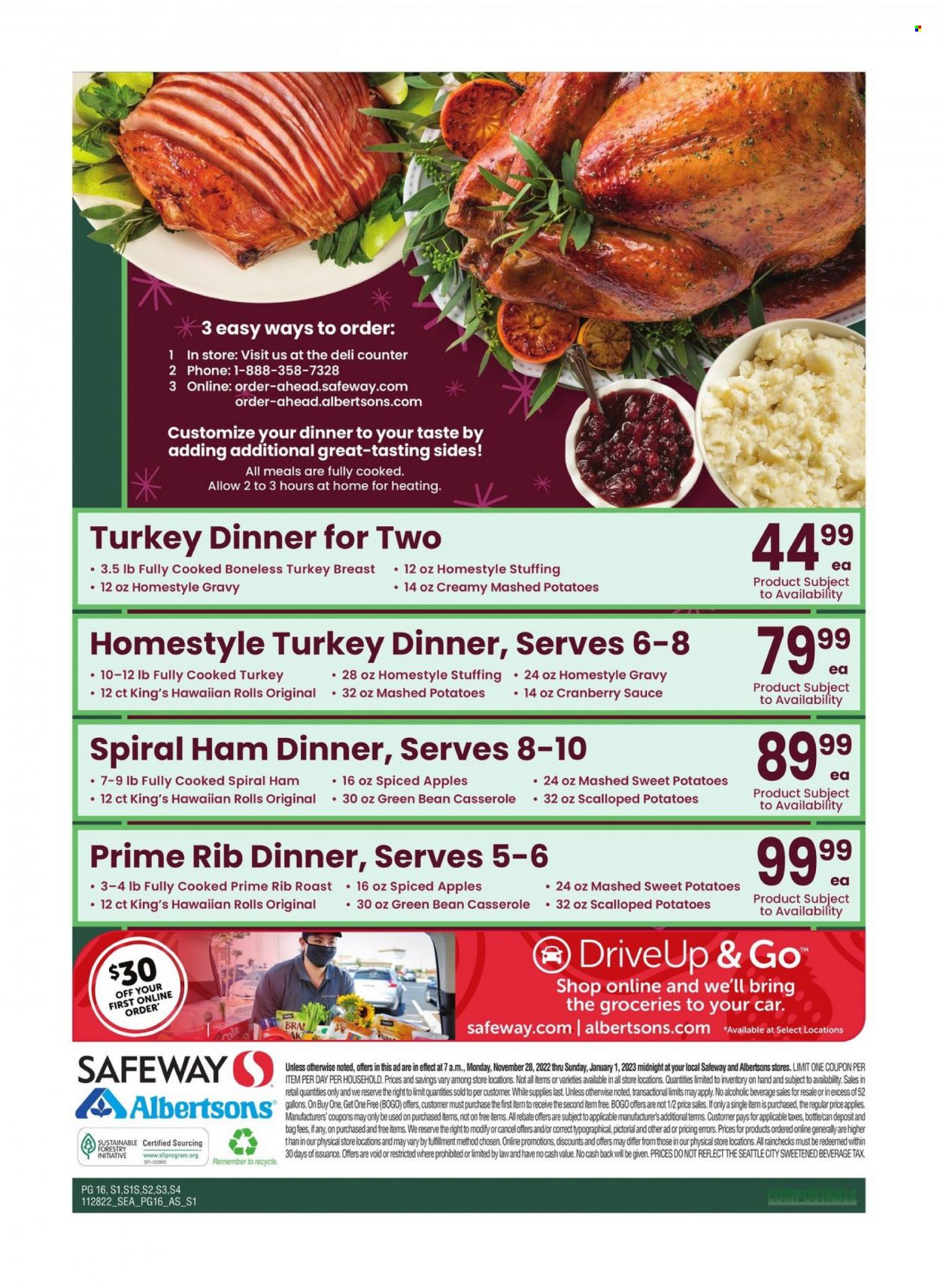 thumbnail - Albertsons Flyer - 11/28/2022 - 01/01/2023 - Sales products - hawaiian rolls, sweet potato, apples, mashed potatoes, sauce, ham, spiral ham, homestyle gravy, cranberry sauce, turkey breast, casserole, paper. Page 16.