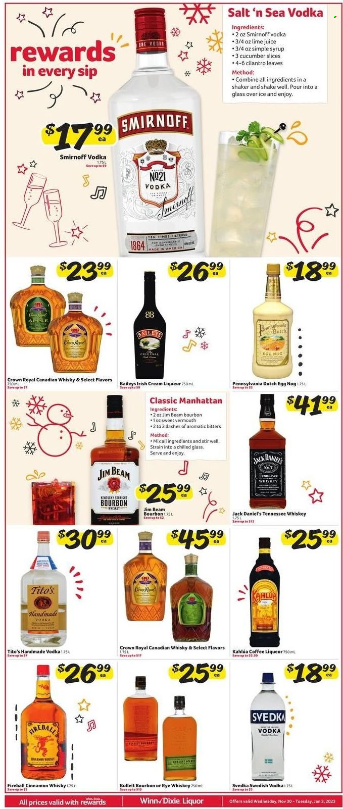 thumbnail - Winn Dixie Flyer - 11/30/2022 - 12/06/2022 - Sales products - Jack Daniel's, eggs, salt, cilantro, syrup, coffee, Kahlúa, bourbon, canadian whisky, liqueur, Smirnoff, Tennessee Whiskey, Vermouth, vodka, whiskey, irish cream, Baileys, liquor, Jim Beam, cinnamon whisky, bourbon whiskey, whisky, shaker. Page 5.
