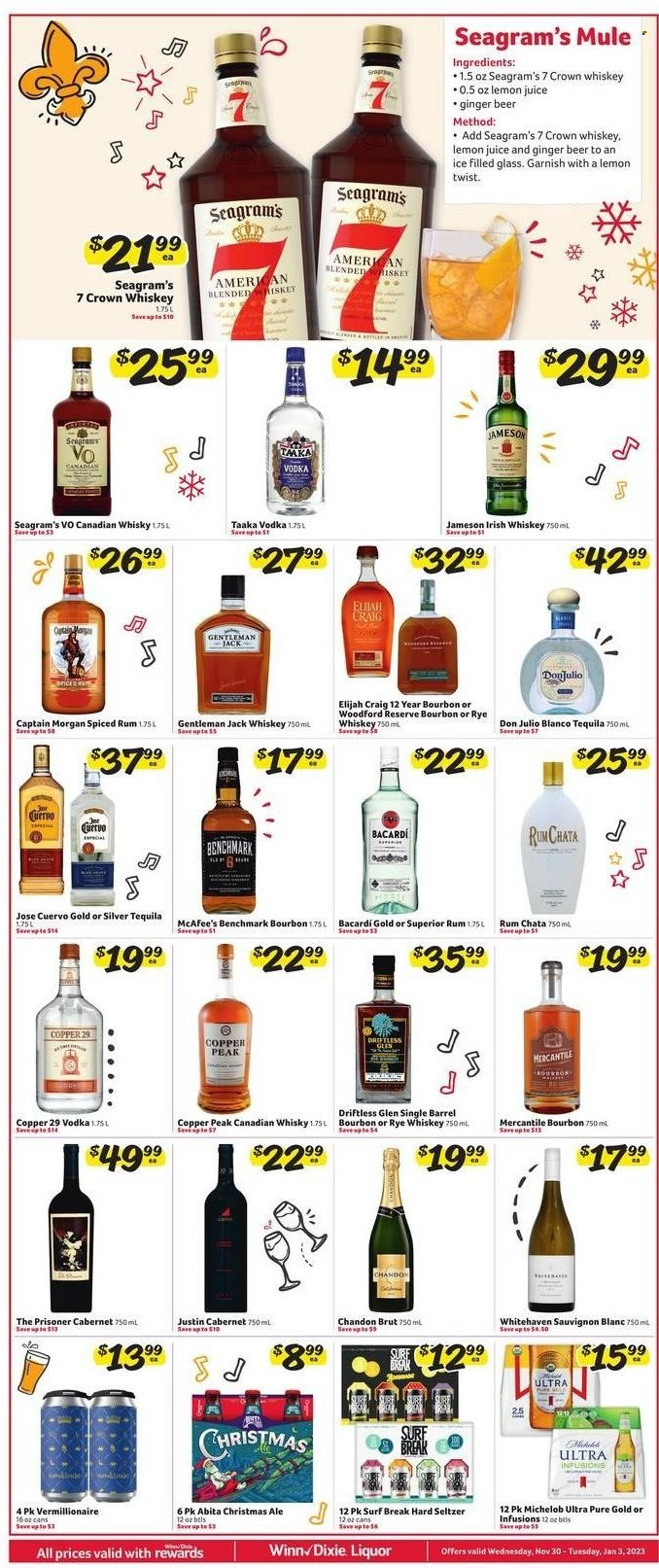 thumbnail - Winn Dixie Flyer - 11/30/2022 - 12/06/2022 - Sales products - spice, lemon juice, Cabernet Sauvignon, wine, Sauvignon Blanc, Bacardi, bourbon, canadian whisky, Captain Morgan, rum, spiced rum, tequila, vodka, whiskey, irish whiskey, Jameson, liquor, Hard Seltzer, whisky, beer, Surf, Brut, Michelob, ginger beer. Page 6.
