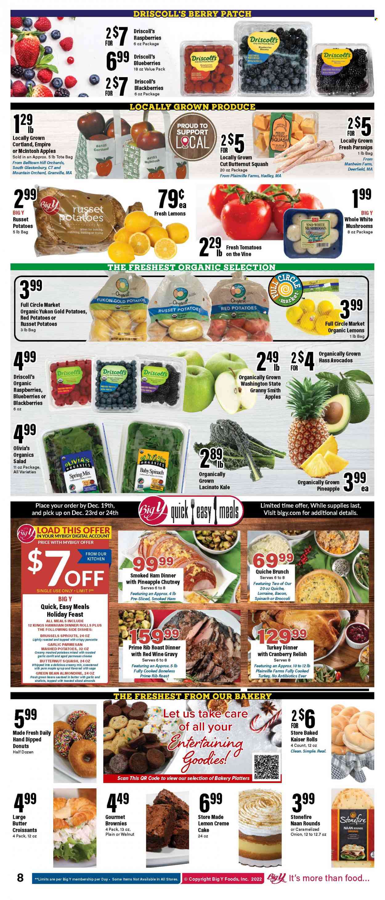 thumbnail - Big Y Flyer - 12/01/2022 - 12/07/2022 - Sales products - cake, dinner rolls, croissant, brownies, donut, cream pie, broccoli, green beans, russet potatoes, tomatoes, kale, parsnips, onion, red potatoes, apples, avocado, pineapple, Granny Smith, mashed potatoes, bacon, ham, pancetta, smoked ham, cheese, chutney, maple syrup, almonds, butternut squash, lemons. Page 10.
