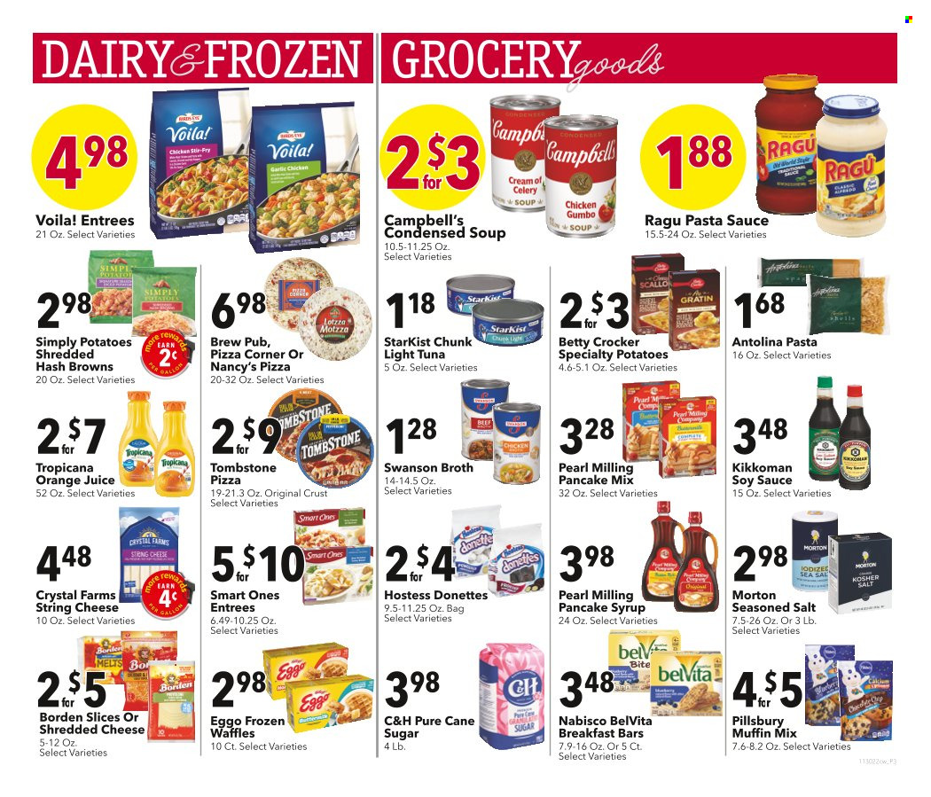 thumbnail - Cash Wise Flyer - 11/30/2022 - 12/06/2022 - Sales products - waffles, muffin mix, garlic, potatoes, tuna, StarKist, Campbell's, celery soup, pizza, pasta sauce, condensed soup, soup, sauce, Pillsbury, instant soup, ragú pasta, shredded cheese, string cheese, eggs, butter, hash browns, cane sugar, sugar, broth, light tuna, belVita, soy sauce, Kikkoman, ragu, pancake syrup, syrup, orange juice, juice. Page 3.