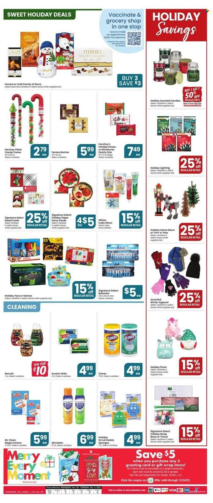 thumbnail - Jewel Osco Flyer - 11/30/2022 - 12/06/2022 - Sales products - cake, oranges, Hershey's, Lindt, Lindor, Ferrero Rocher, wipes, tissues, Clorox, Joy, sponge, boxed card, gift wrap, paper, candle, Renuzit, battery. Page 2.