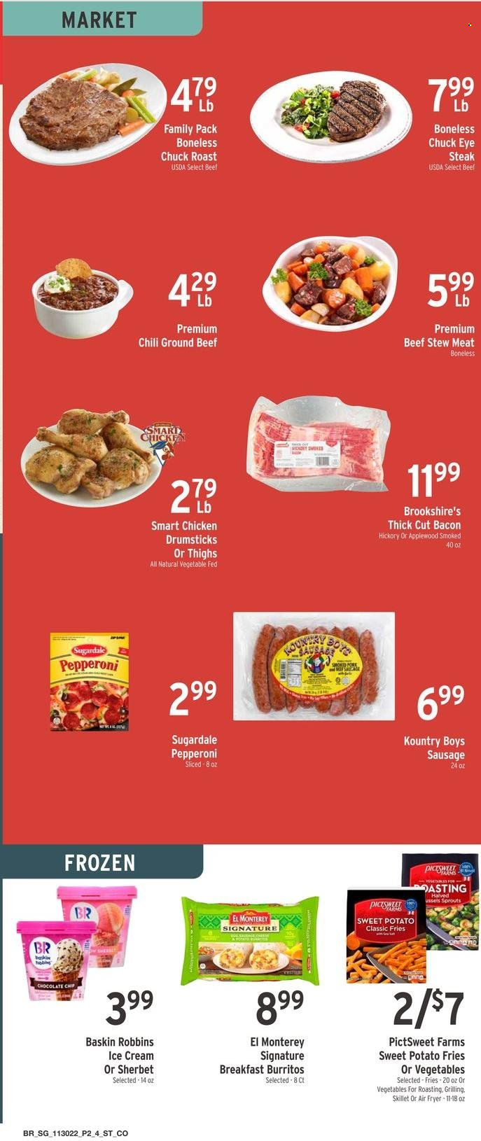 thumbnail - Brookshires Flyer - 11/30/2022 - 12/06/2022 - Sales products - stew meat, sweet potato, burrito, Sugardale, bacon, sausage, pepperoni, ice cream, sherbet, sweet potato fries, chocolate chips, chicken drumsticks, beef meat, ground beef, steak, chuck steak. Page 2.