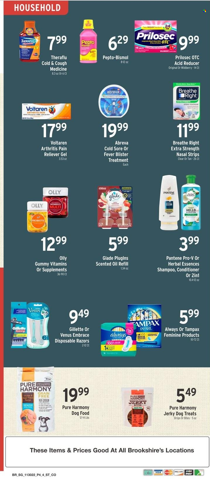 thumbnail - Brookshires Flyer - 11/30/2022 - 12/06/2022 - Sales products - jerky, oil, shampoo, Tampax, Abreva, conditioner, Pantene, Herbal Essences, Gillette, Venus, disposable razor, Glade, scented oil, animal food, dog food, Pure Harmony, Theraflu, Pepto-bismol. Page 4.