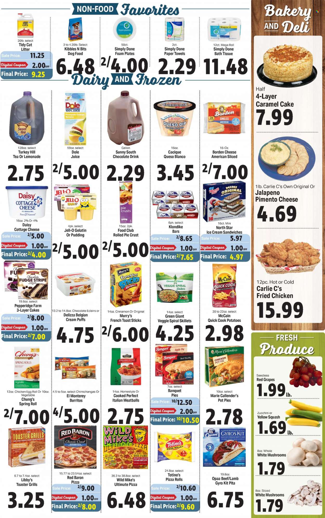 thumbnail - Carlie C's Flyer - 11/30/2022 - 12/06/2022 - Sales products - pita, pizza rolls, apple pie, pot pie, puffs, cream puffs, garlic, zucchini, potatoes, Dole, yellow squash, grapes, pineapple, oranges, pizza, meatballs, egg rolls, fried chicken, spring rolls, burrito, Marie Callender's, pepperoni, american cheese, cottage cheese, pudding, eggs, mayonnaise, dip, ice cream, ice cream sandwich, McCain, Red Baron, fudge, pie crust, Jell-O, cinnamon, caramel, lemonade, juice, chocolate drink, tea, animal food, cat litter, dog food, calcium. Page 3.