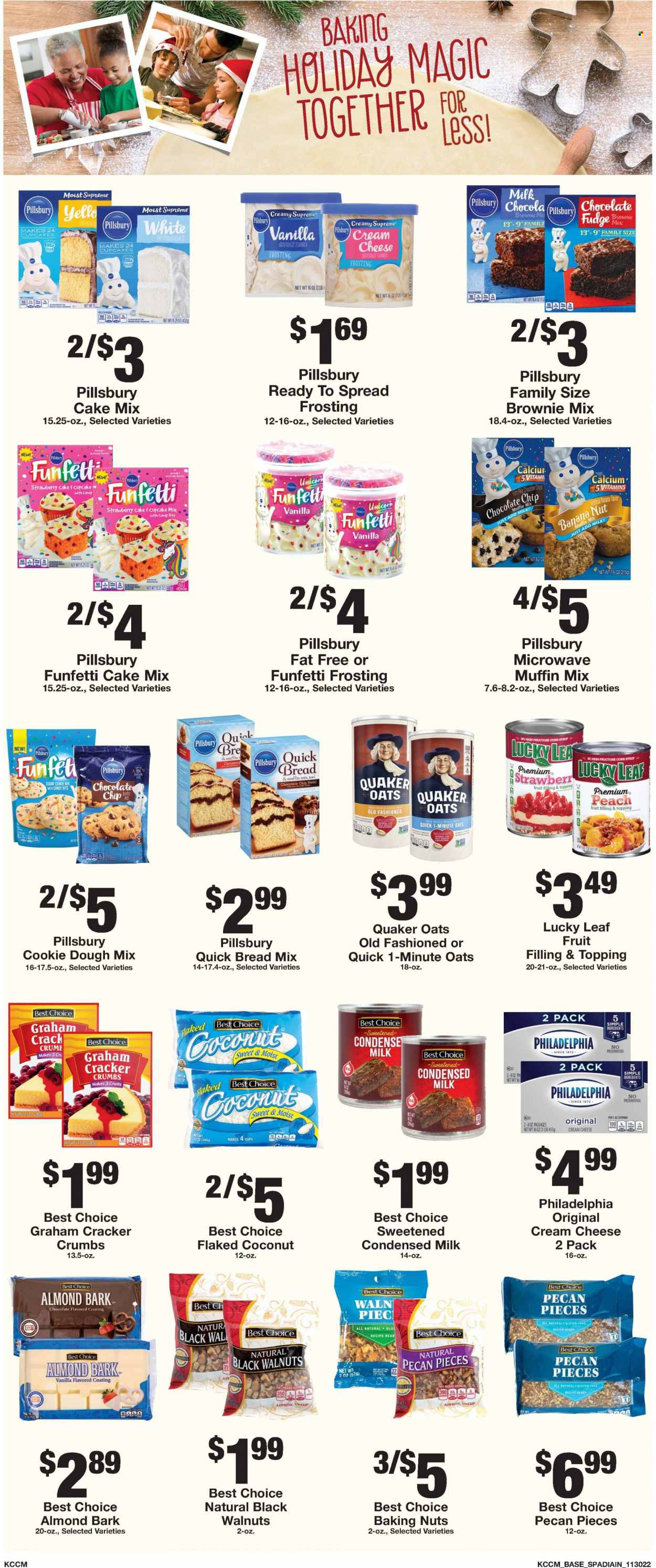 thumbnail - Bratchers Market Flyer - 11/30/2022 - 12/06/2022 - Sales products - brownie mix, cake mix, cupcake mix, muffin mix, corn, coconut, Pillsbury, Quaker, cream cheese, Philadelphia, cheese, milk, condensed milk, cookie dough, fudge, crackers, frosting, sugar, oats, topping, cinnamon, corn syrup, syrup, flaked coconut, walnuts, calcium. Page 6.