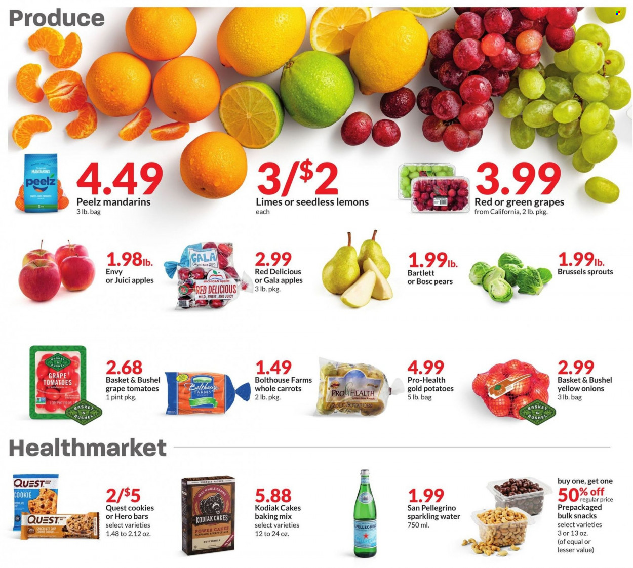 thumbnail - Hy-Vee Flyer - 11/30/2022 - 12/06/2022 - Sales products - cake, carrots, tomatoes, potatoes, onion, brussel sprouts, apples, Gala, mandarines, Red Delicious apples, pears, buttermilk, cookie dough, cookies, snack, baking mix, sparkling water, San Pellegrino, basket, lemons. Page 2.