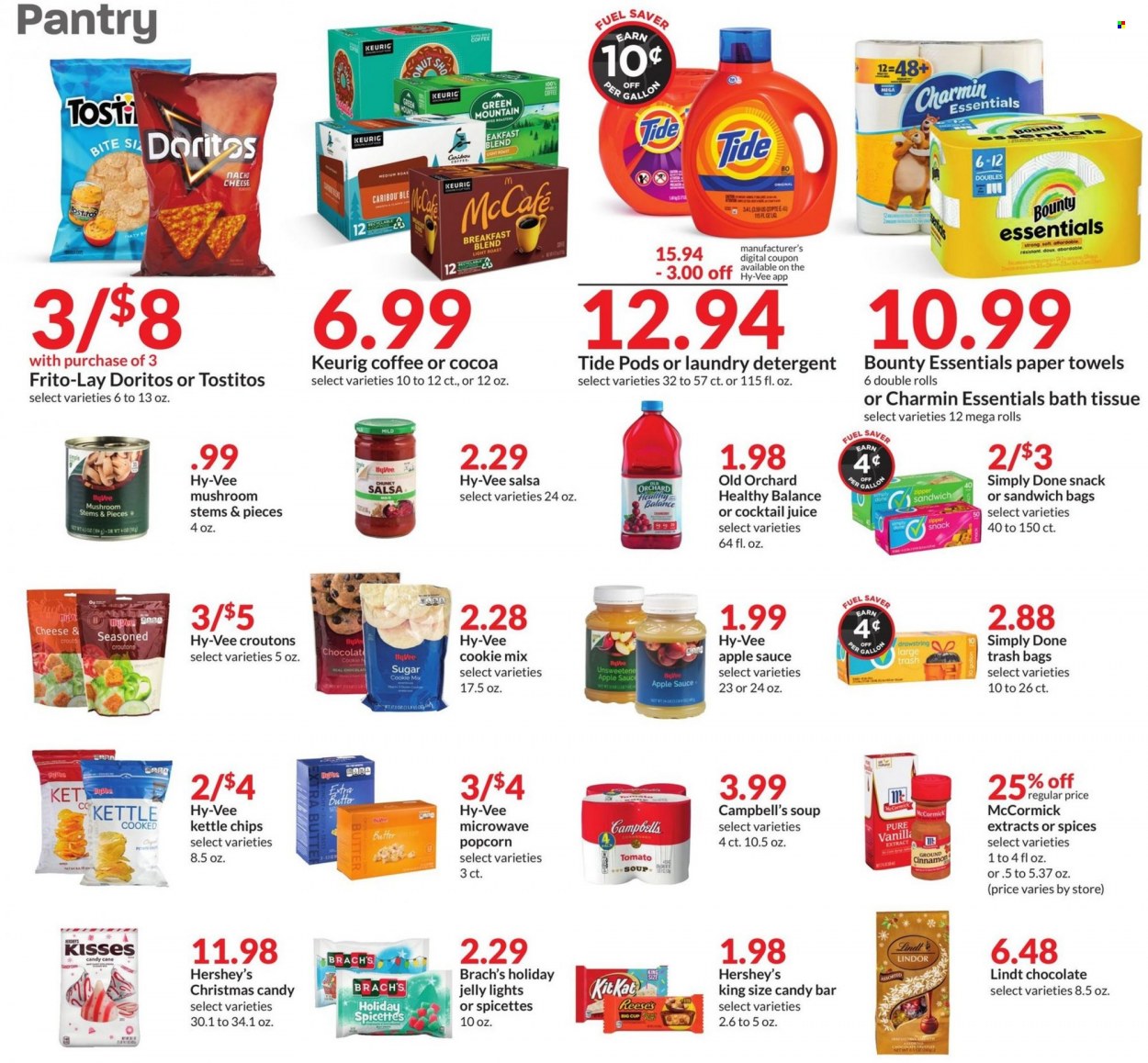 thumbnail - Hy-Vee Flyer - 11/30/2022 - 12/06/2022 - Sales products - mushrooms, Campbell's, tomato soup, soup, sauce, butter, Reese's, Hershey's, chocolate, snack, candy cane, Lindt, Lindor, Bounty, KitKat, jelly, Doritos, chips, kettle, popcorn, Frito-Lay, Tostitos, croutons, sugar, vanilla extract, cinnamon, salsa, apple sauce, juice, coffee, McCafe, Keurig, breakfast blend, Green Mountain, bath tissue, kitchen towels, paper towels, Charmin, detergent, Tide, laundry detergent, trash bags, cup. Page 5.