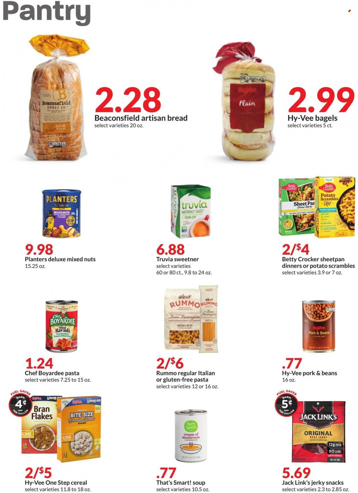 thumbnail - Hy-Vee Flyer - 11/30/2022 - 12/06/2022 - Sales products - bagels, bread, beans, ravioli, condensed soup, soup, pasta, instant soup, beef jerky, jerky, snack, Jack Link's, Chef Boyardee, cereals, bran flakes, spice, mixed nuts, Planters, gallon. Page 11.