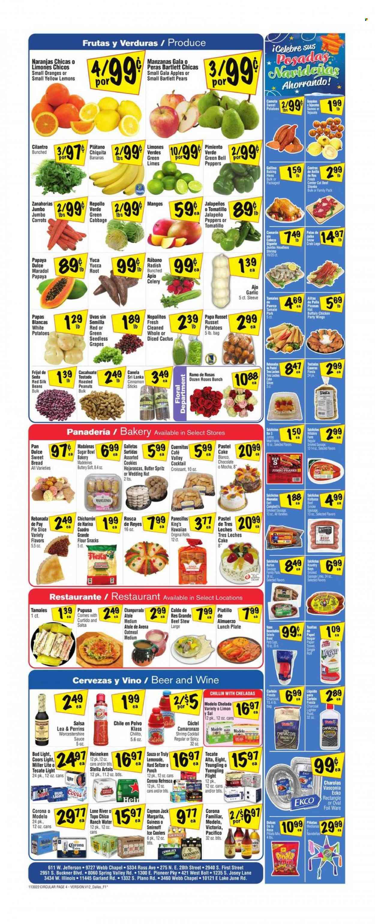 thumbnail - Fiesta Mart Flyer - 11/30/2022 - 12/06/2022 - Sales products - pie, croissant, hawaiian rolls, sweet bread, beans, bell peppers, cabbage, carrots, celery, radishes, russet potatoes, sweet potato, tomatillo, potatoes, snack, jalapeño, sleeved celery, bananas, Bartlett pears, Gala, grapes, limes, mango, seedless grapes, papaya, crab legs, crab, shrimps, Campbell's, sauce, ready meal, sausage, smoked sausage, frankfurters, Silk, butter, chicken wings, cookies, bars, flour, oatmeal, cinnamon sticks, cilantro, cinnamon, worcestershire sauce, salsa, roasted peanuts, peanuts, lemonade, water, wine, Smirnoff, punch, Hard Seltzer, TRULY, beer, Stella Artois, Bud Light, Corona Extra, Heineken, Guinness, Modelo, Topo Chico, chicken, bowl, cup, Miller Lite, Coors, Yuengling. Page 4.