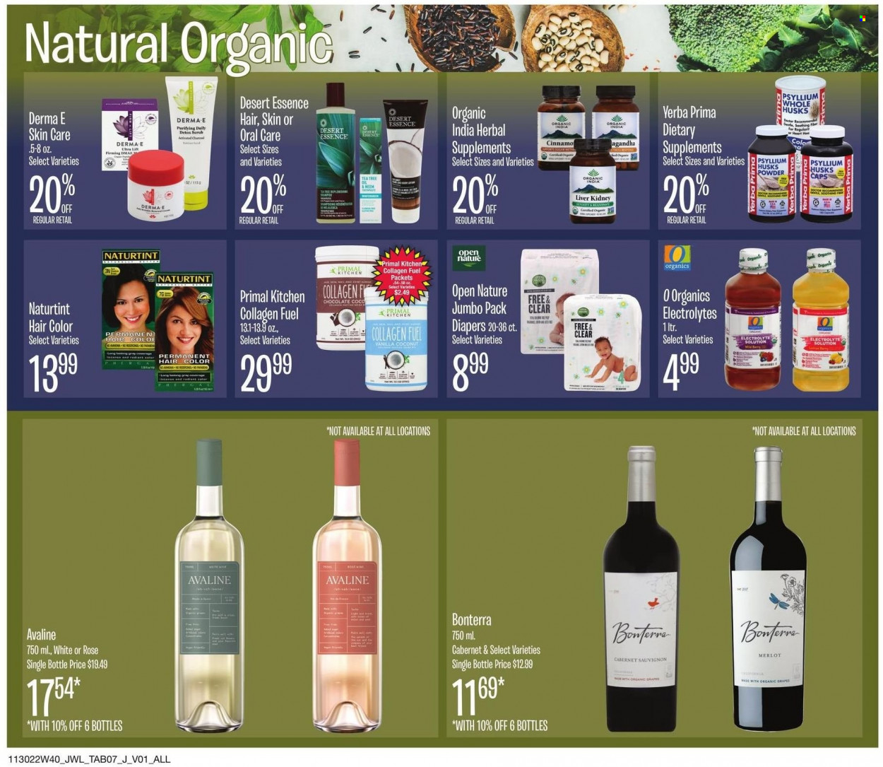 thumbnail - Jewel Osco Flyer - 11/30/2022 - 12/27/2022 - Sales products - grapes, coconut, chocolate, sugar, tea, Cabernet Sauvignon, rosé wine, nappies, hair color, Primal, tea tree, charcoal, activated charcoal, dietary supplement, Psyllium. Page 7.