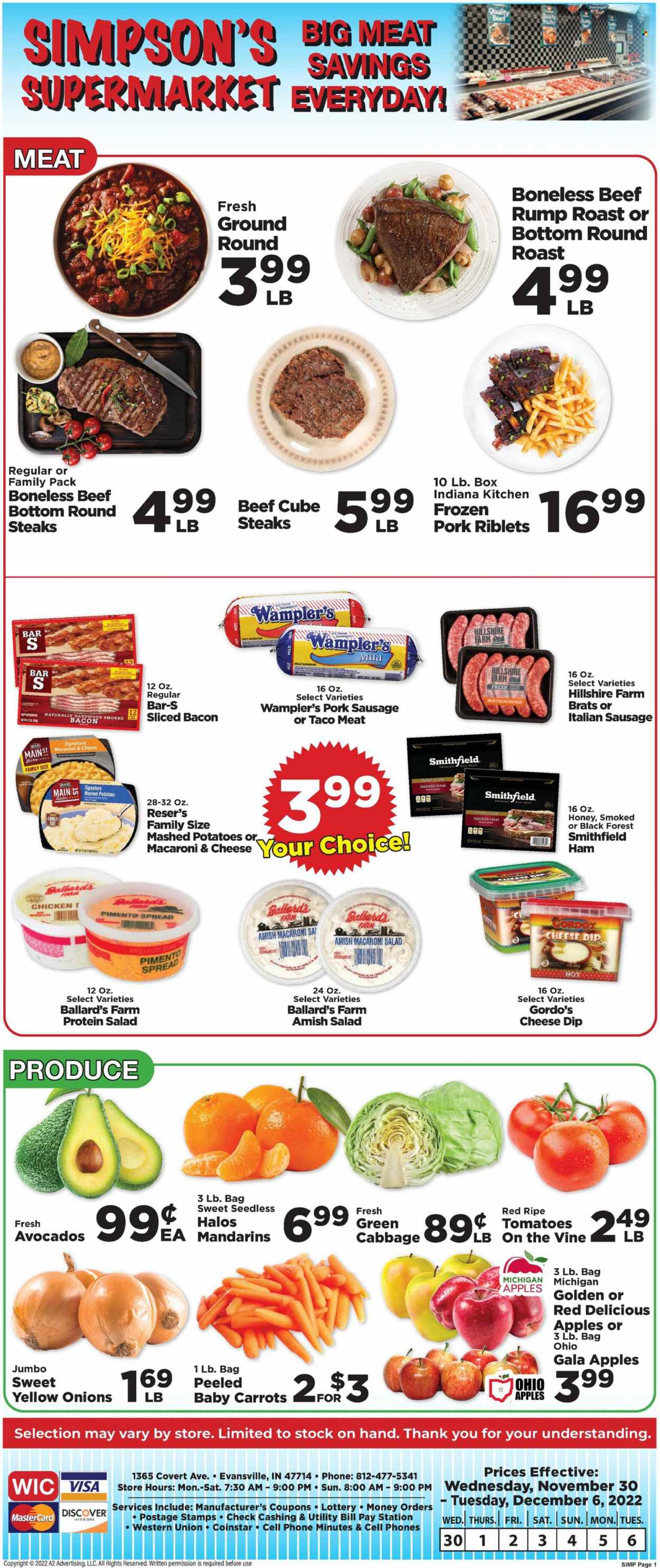 thumbnail - IGA Flyer - 11/30/2022 - 12/06/2022 - Sales products - cabbage, carrots, tomatoes, onion, salad, apples, avocado, Gala, mandarines, Red Delicious apples, macaroni & cheese, mashed potatoes, bacon, ham, Hillshire Farm, smoked ham, sausage, pork sausage, italian sausage, macaroni salad, dip, honey, beef meat, steak, round roast. Page 1.