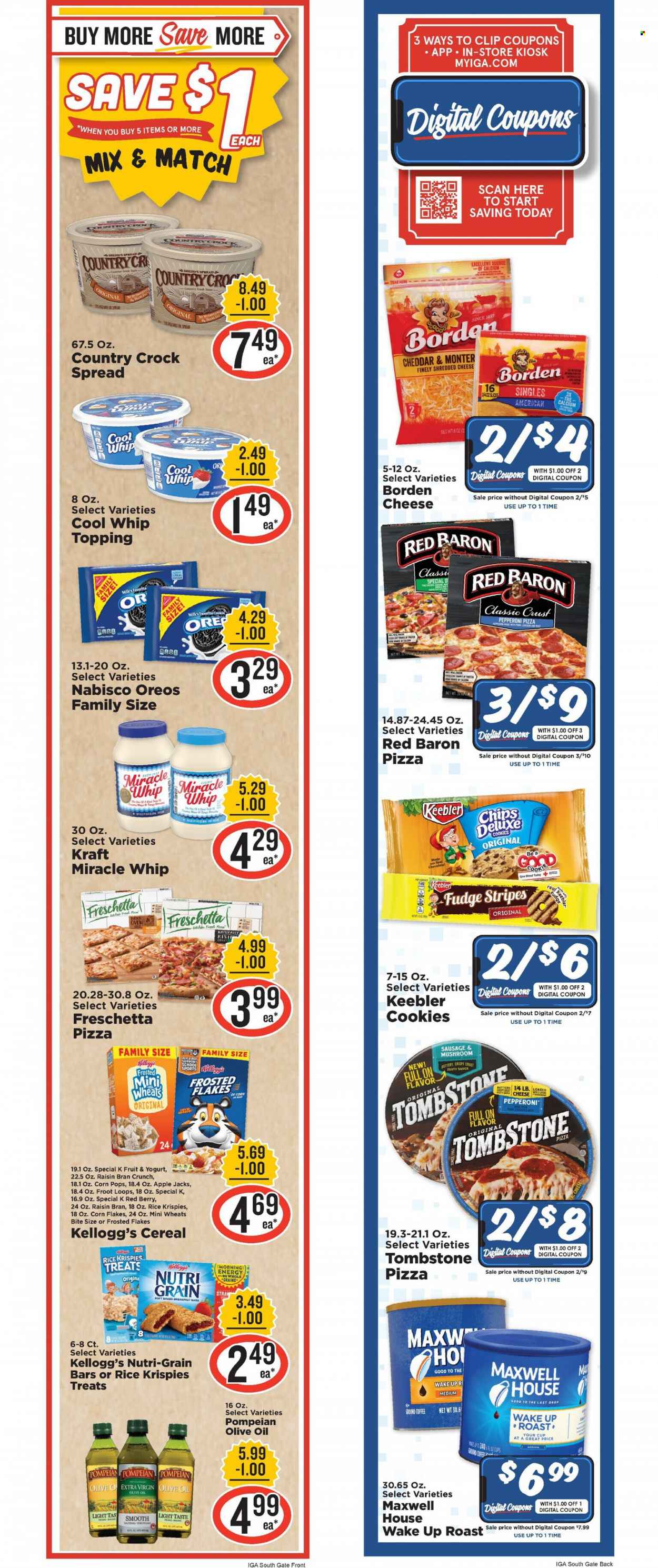 thumbnail - IGA Flyer - 11/30/2022 - 12/06/2022 - Sales products - pizza, Kraft®, sausage, pepperoni, shredded cheese, yoghurt, milk, Cool Whip, Miracle Whip, Red Baron, cookies, fudge, Kellogg's, Nutri-Grain bars, Keebler, chips, topping, cereals, corn flakes, Rice Krispies, Frosted Flakes, Corn Pops, Raisin Bran, Nutri-Grain, extra virgin olive oil, olive oil, oil, Maxwell House, coffee, ground coffee. Page 2.