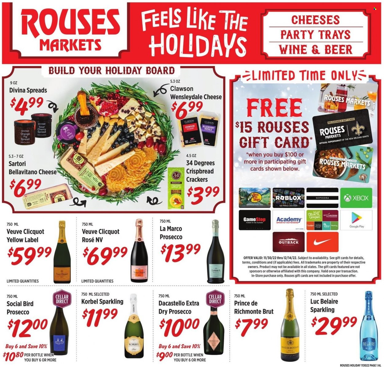 thumbnail - Rouses Markets Flyer - 11/30/2022 - 12/07/2022 - Sales products - crispbread, cherries, oranges, Longhorn cheese, Wensleydale, cheese, BellaVitano, crackers, rosemary, prosecco, wine, Veuve Clicquot, rosé wine, beer, Brut. Page 4.