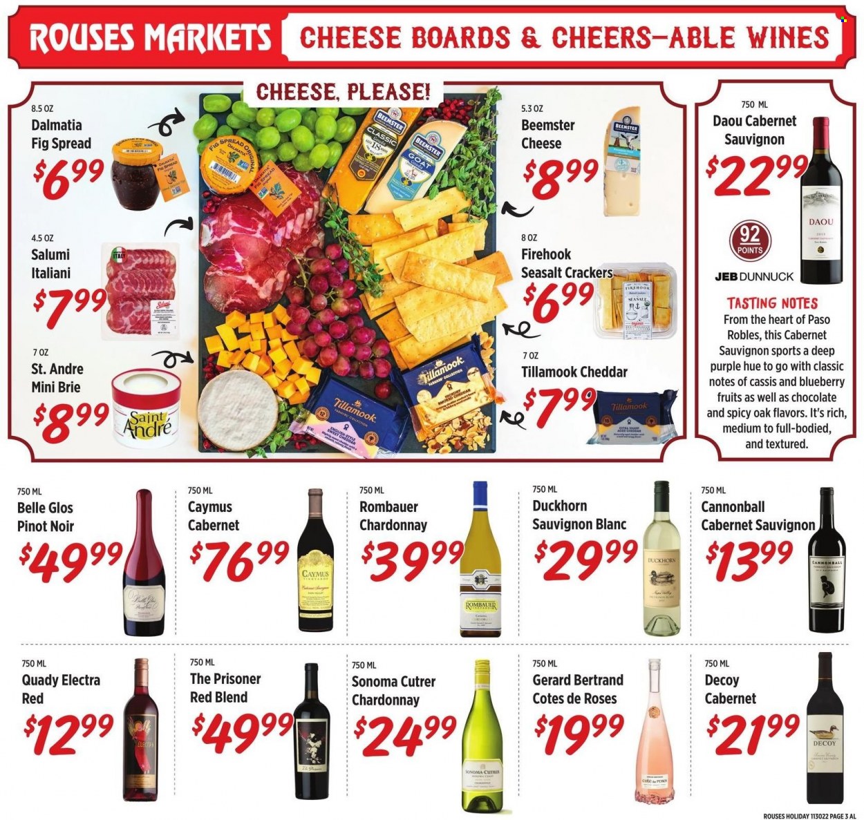 thumbnail - Rouses Markets Flyer - 11/30/2022 - 12/07/2022 - Sales products - gouda, cheddar, brie, crackers, Cabernet Sauvignon, red wine, white wine, Chardonnay, wine, Pinot Noir, Sauvignon Blanc, rose. Page 6.