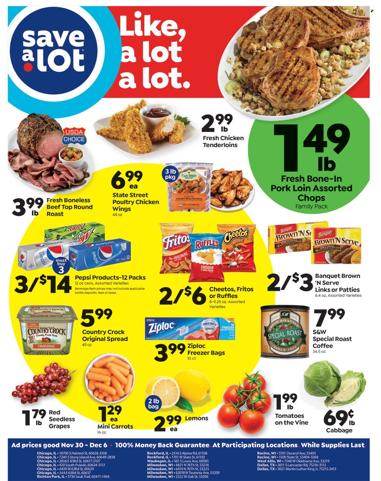 thumbnail - Save a Lot Flyer - 11/30/2022 - 12/06/2022 - Sales products - cabbage, carrots, tomatoes, grapes, seedless grapes, Brown 'N Serve, cheese, sour cream, chicken wings, Fritos, Cheetos, Ruffles, Pepsi, coffee, beef meat, round roast, pork loin, pork meat, lemons. Page 1.