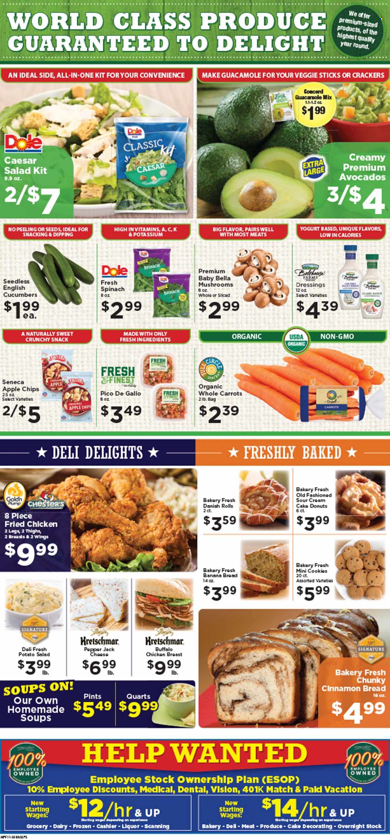 thumbnail - Marketplace Foods Flyer - 11/30/2022 - 12/06/2022 - Sales products - cake, donut, banana bread, Dole, fried chicken, guacamole, potato salad, yoghurt, sour cream, cookies, snack, crackers, cinnamon, liquor, chicken breasts. Page 3.