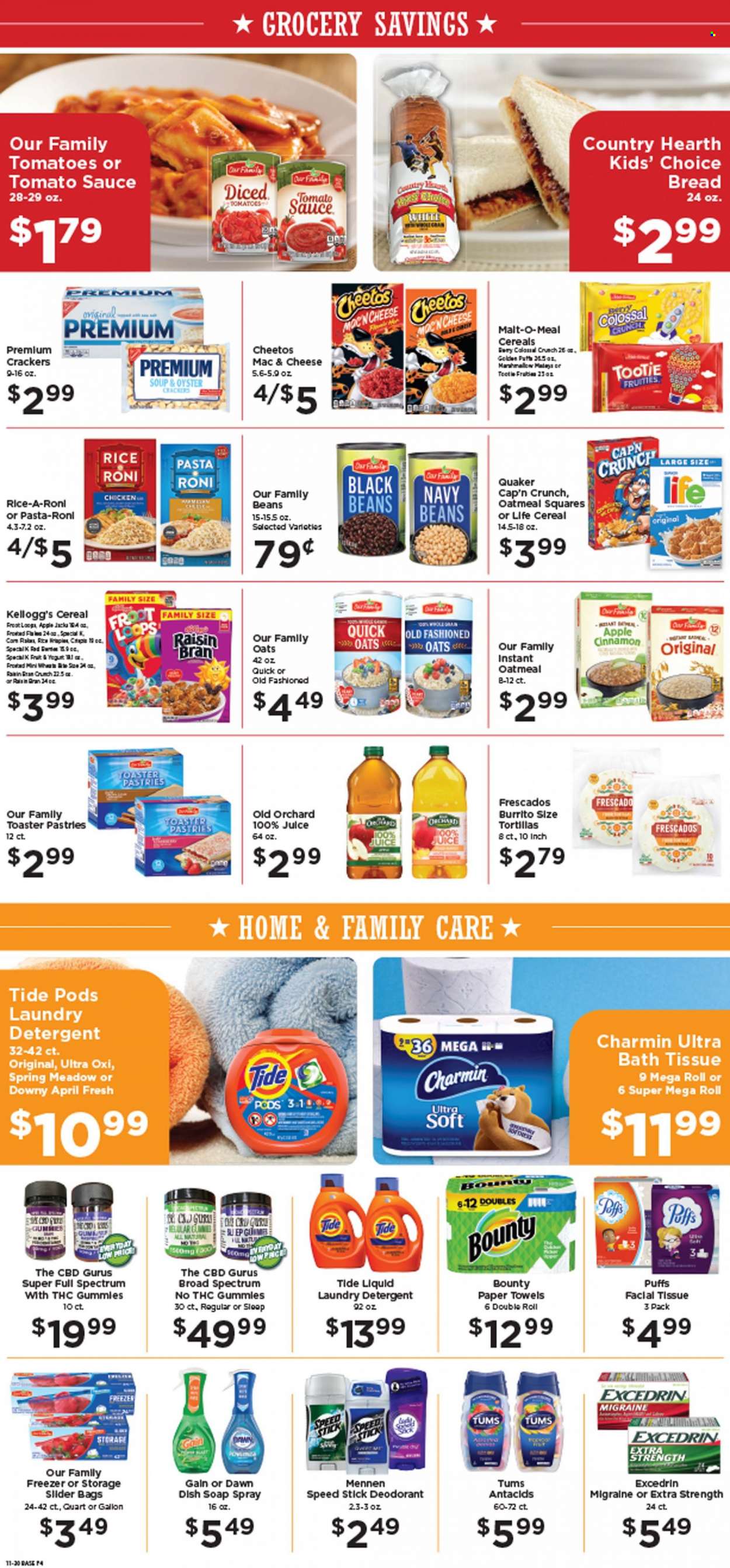 thumbnail - Marketplace Foods Flyer - 11/30/2022 - 12/06/2022 - Sales products - bread, tortillas, puffs, beans, tomatoes, oysters, soup, sauce, burrito, Quaker, yoghurt, marshmallows, Bounty, crackers, Kellogg's, Cheetos, oatmeal, malt, oyster crackers, black beans, navy beans, tomato sauce, diced tomatoes, cereals, Cap'n Crunch, Raisin Bran, rice, cinnamon, juice. Page 4.
